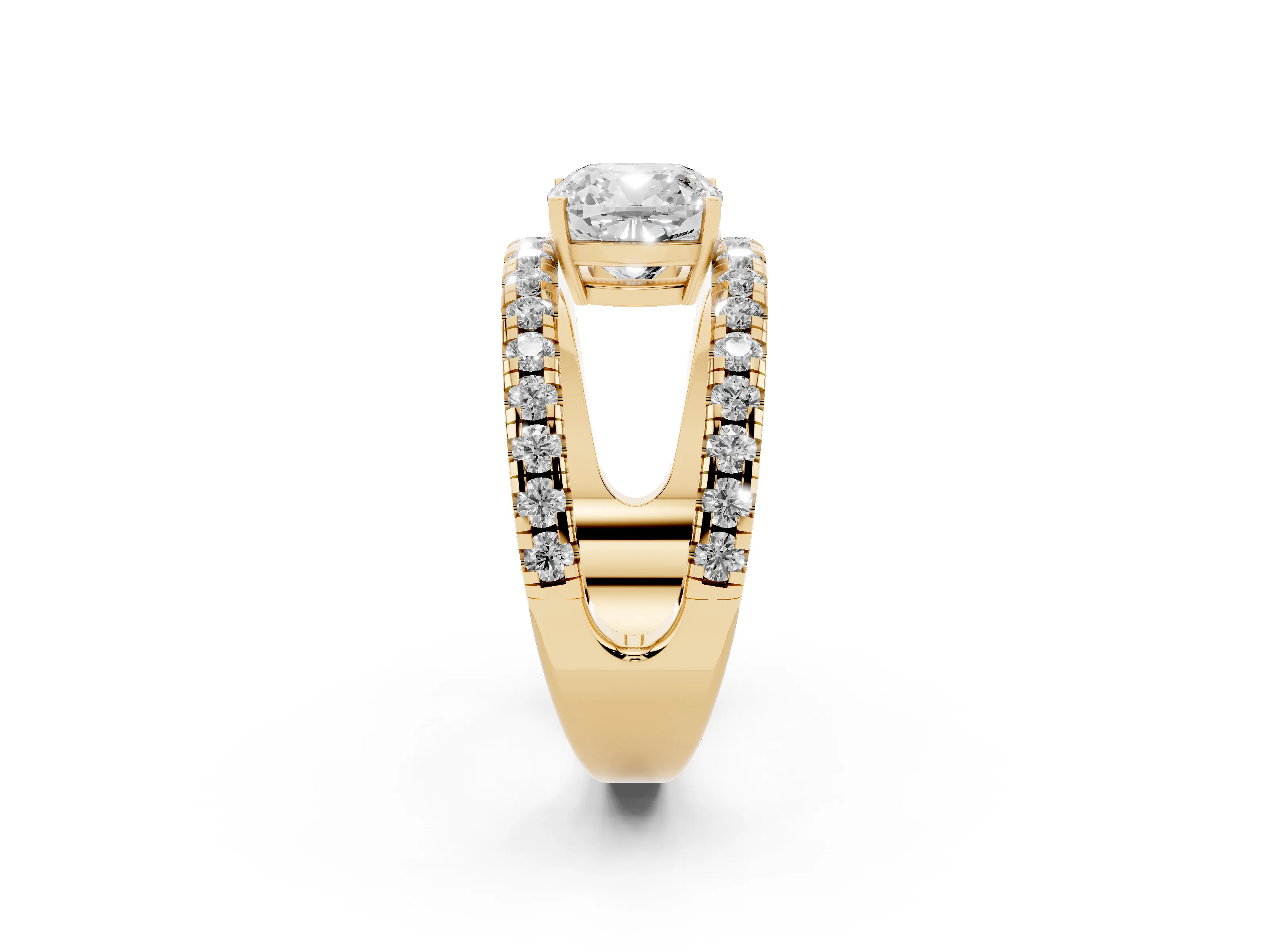 Cushion Cut Diamond Split Shank Pavé Solitaire Ring Set in Yellow gold with Open Shank Design
