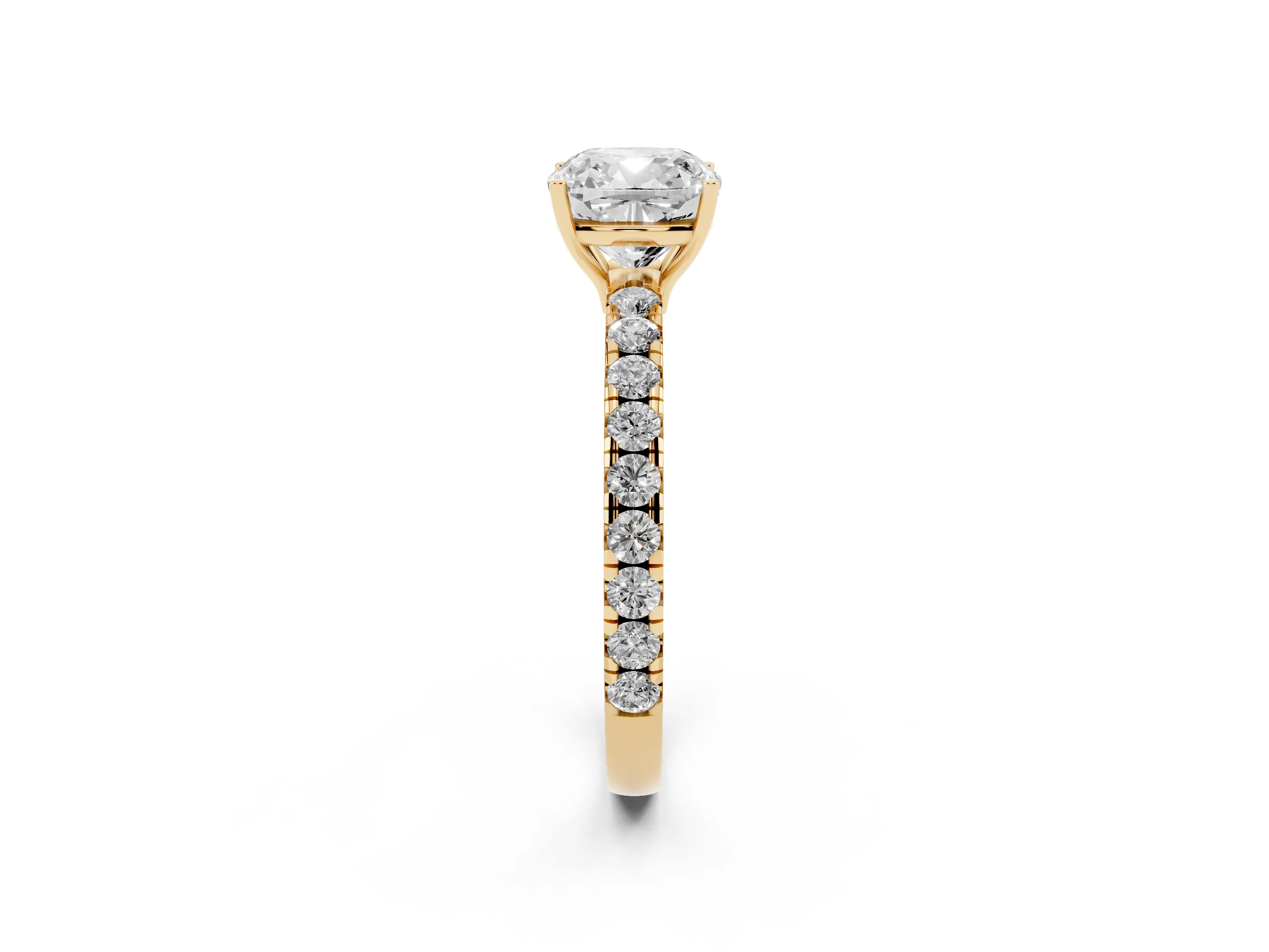 Cushion Cut Diamond Pavé Solitaire Engagement Ring Set in Yellow gold with Prong Setting