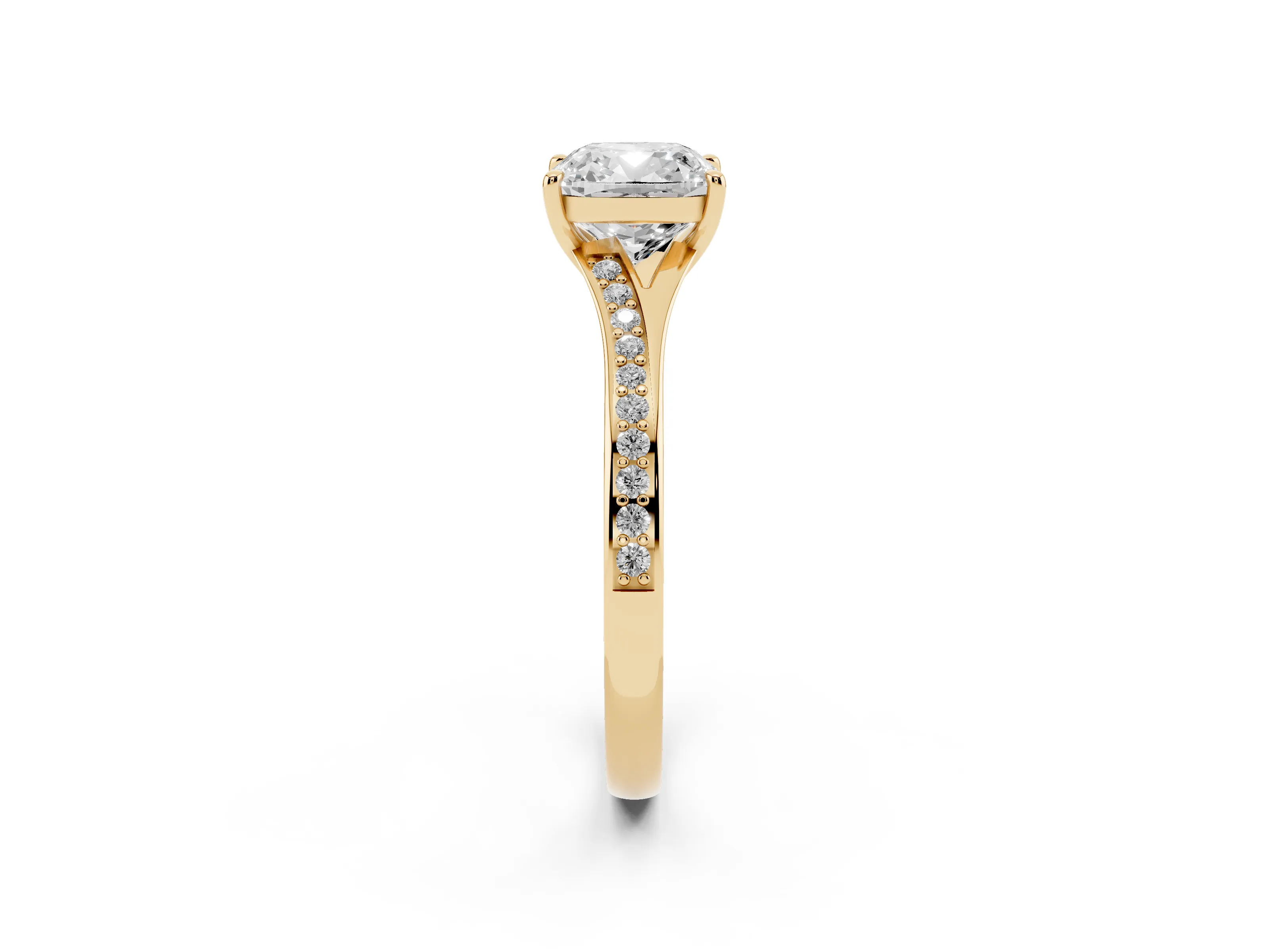Cushion Cut Diamond Solitaire Ring Set in Yellow gold with Pavé Accent Band and Classic Prong Setting