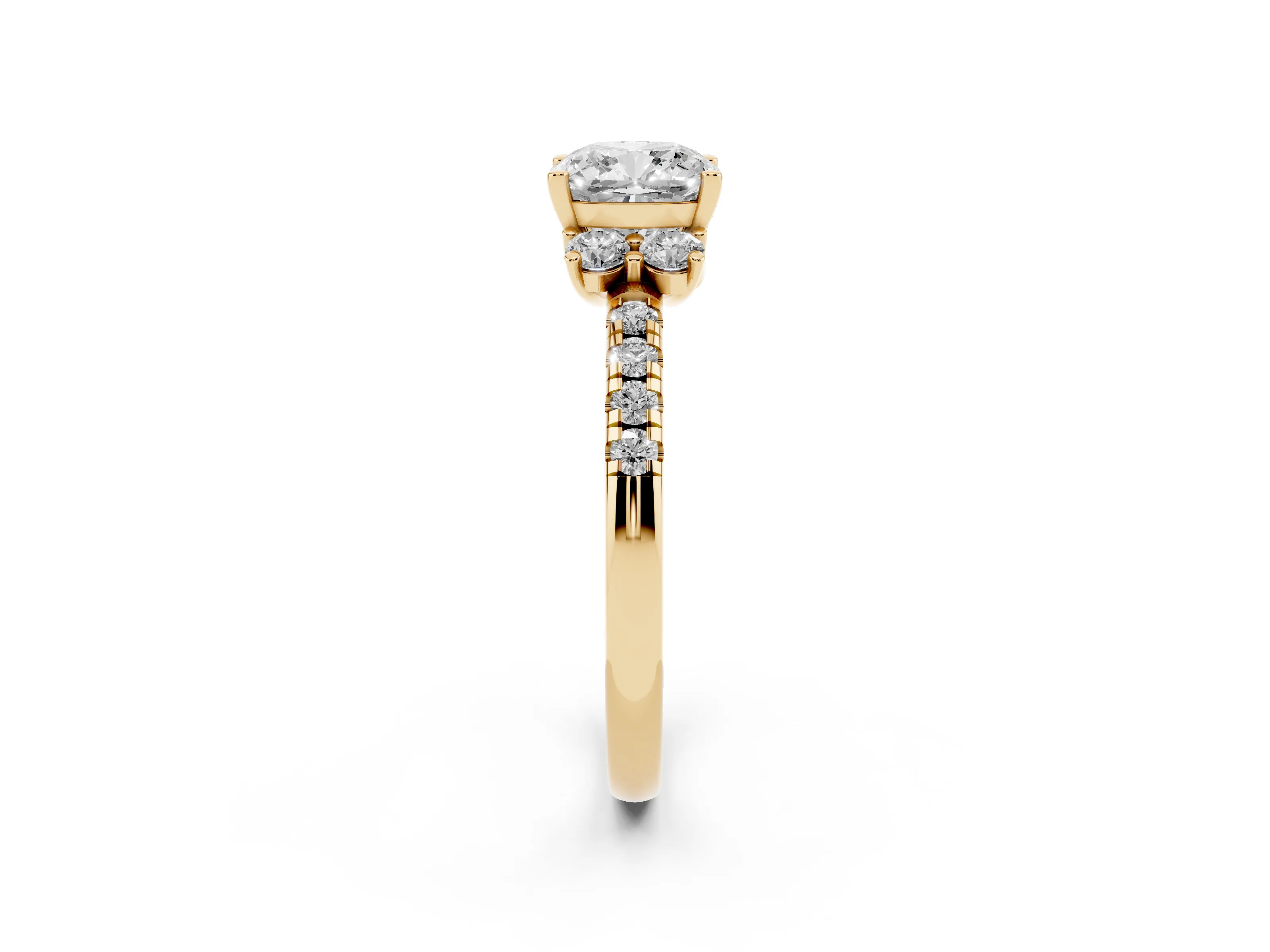 Cushion Cut Diamond Three-Stone Pavé Ring Set in Yellow gold with Prong Setting