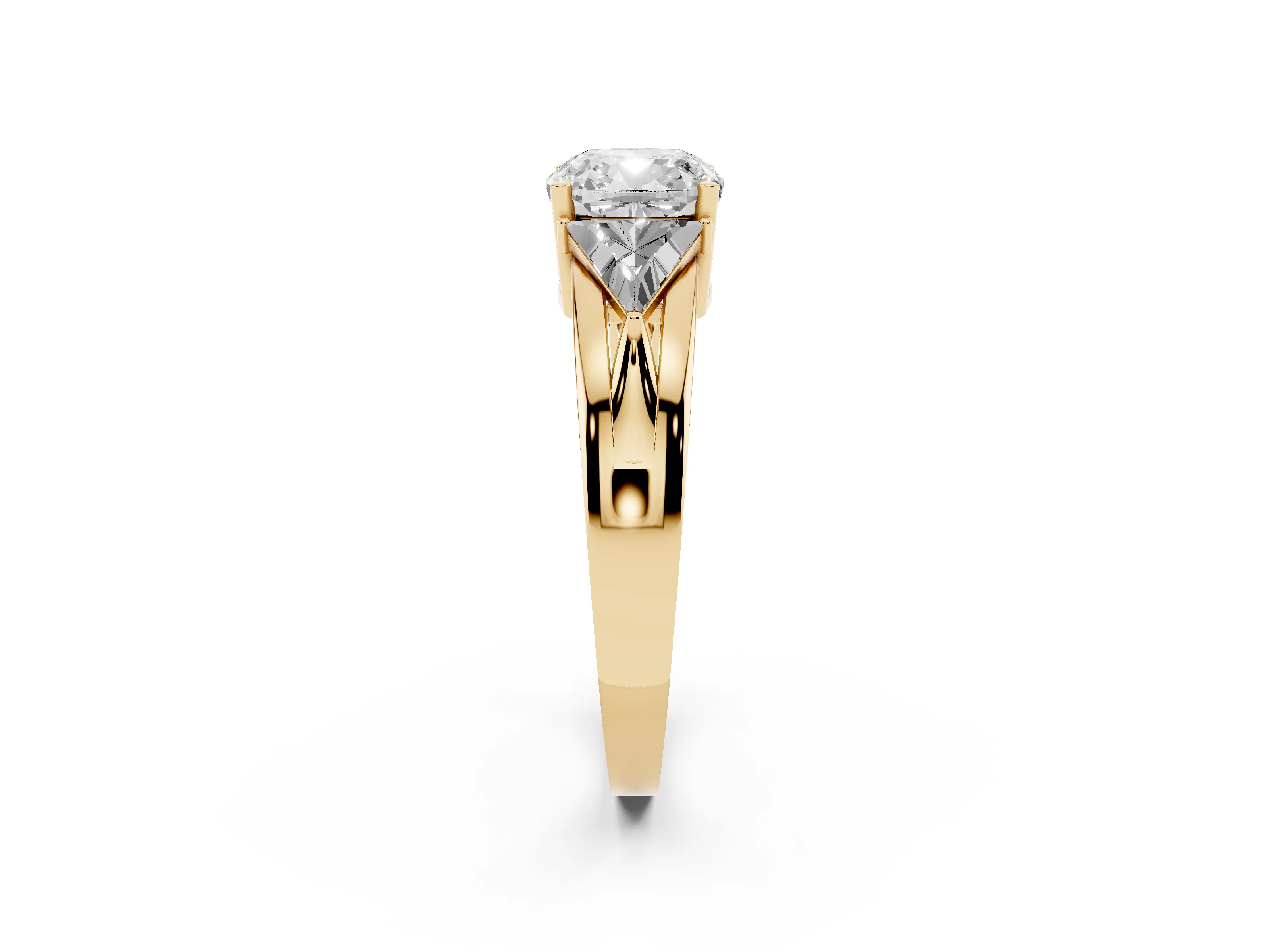Cushion Cut Diamond Three-Stone Ring Set in Yellow gold with Trillion Side Stones and Split Shank