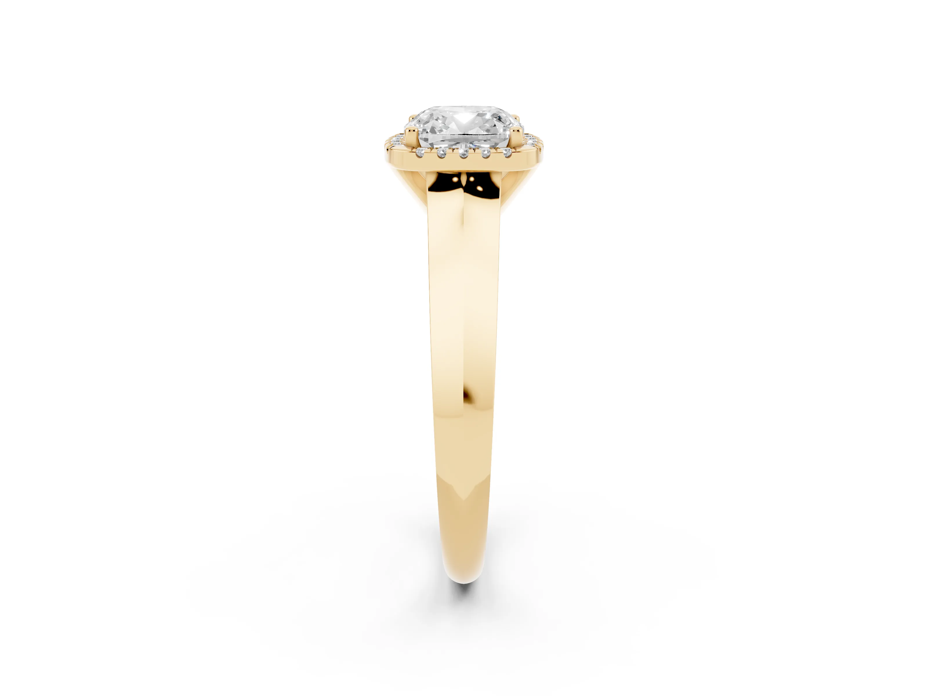 Cushion Cut Diamond Halo Ring Set in Yellow gold with Cathedral Band and Prong Setting