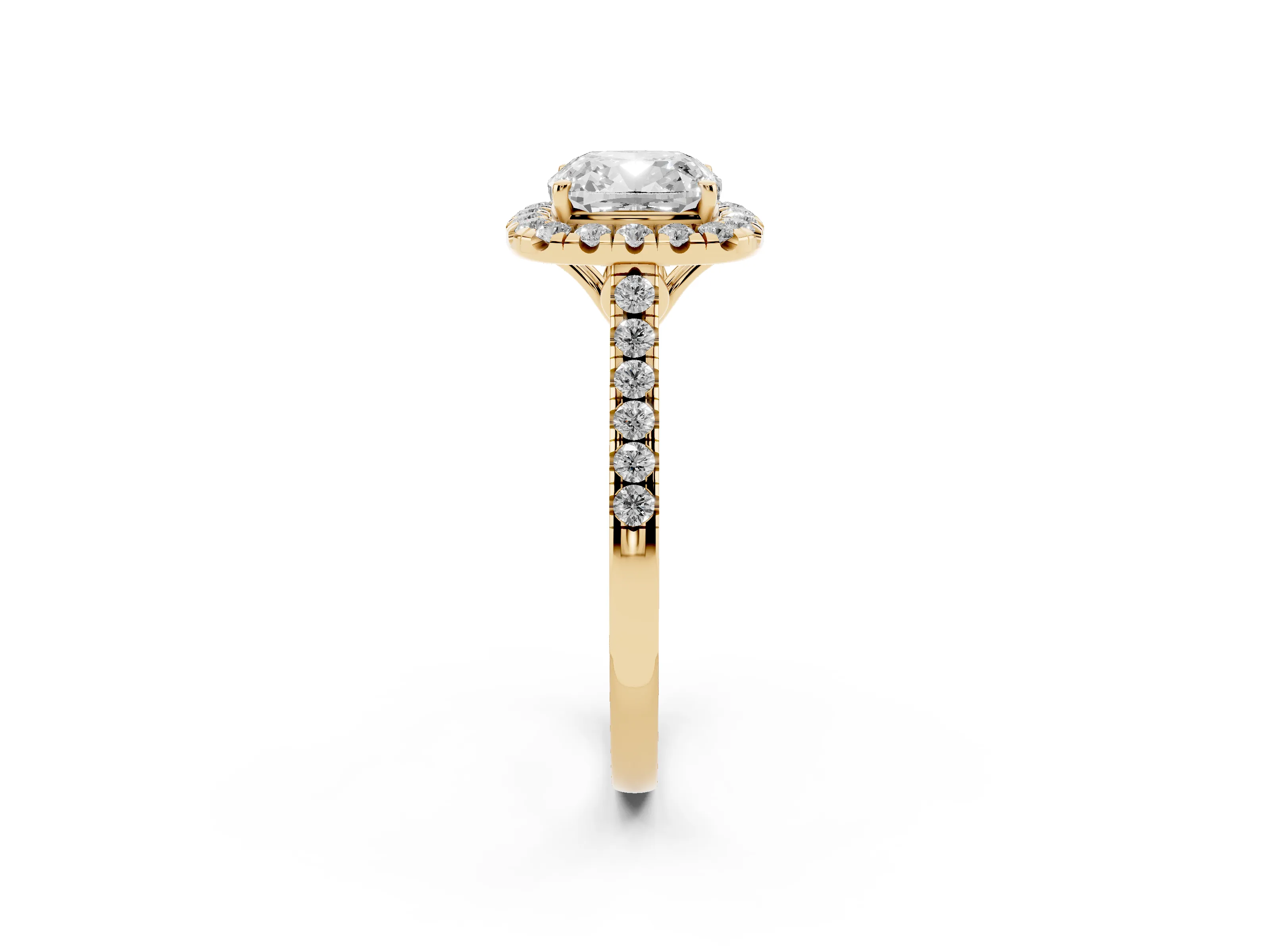 Cushion Cut Diamond Pavé Halo Engagement Ring Set in Yellow gold with Pavé Band and Prong Setting