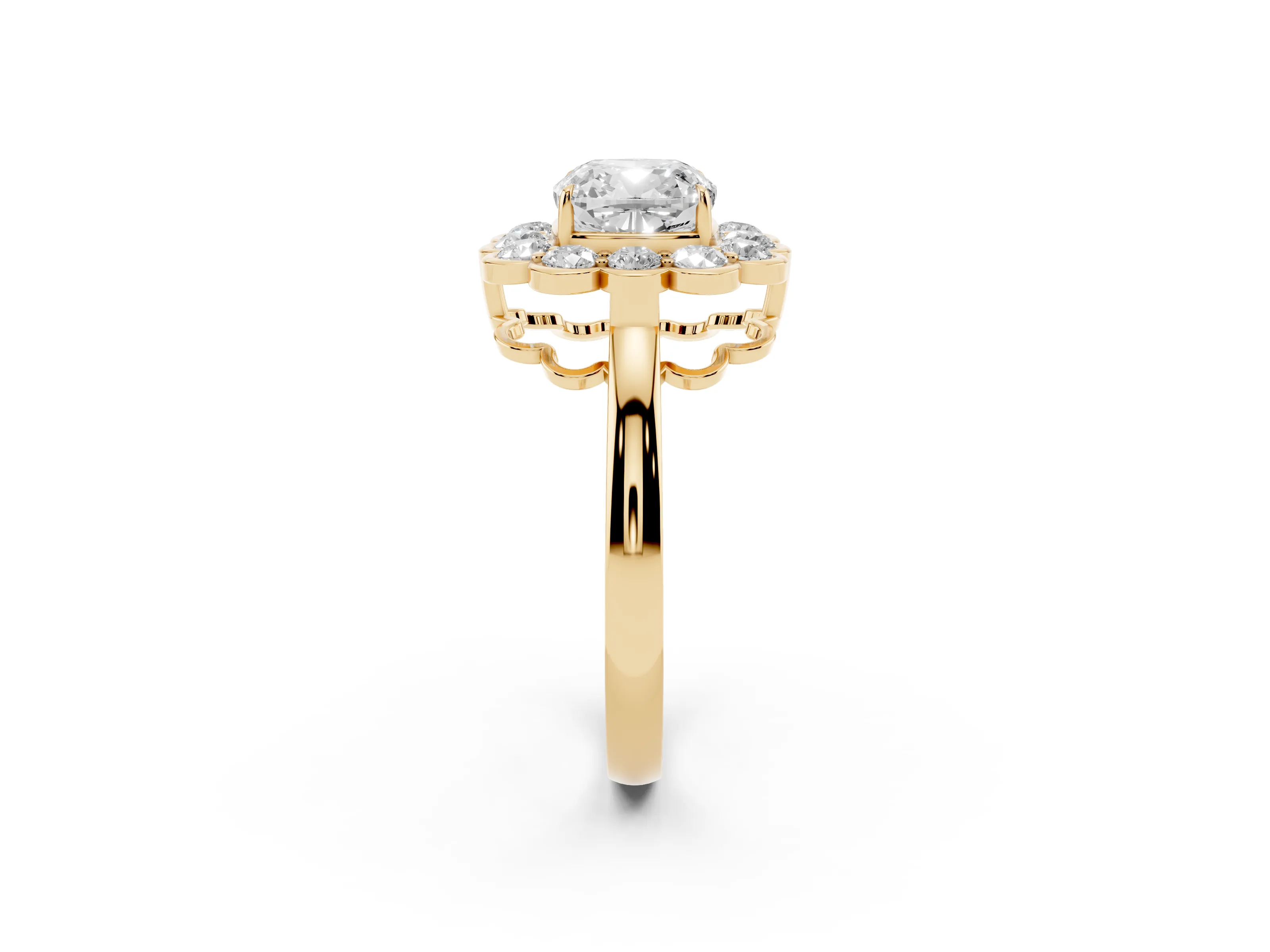 Cushion Cut Diamond Halo Cluster Engagement Ring Set in Yellow gold with Solitaire Band and Prong Setting