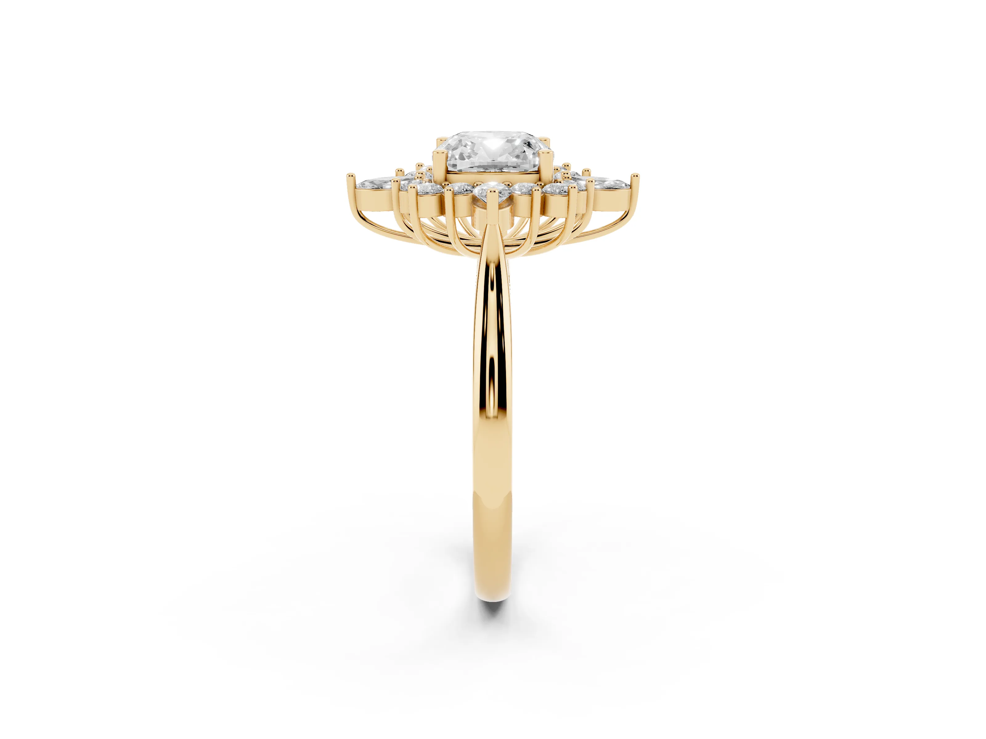 Cushion Cut Diamond Cluster Halo Ring Set in Yellow gold with Marquise and Round Accents