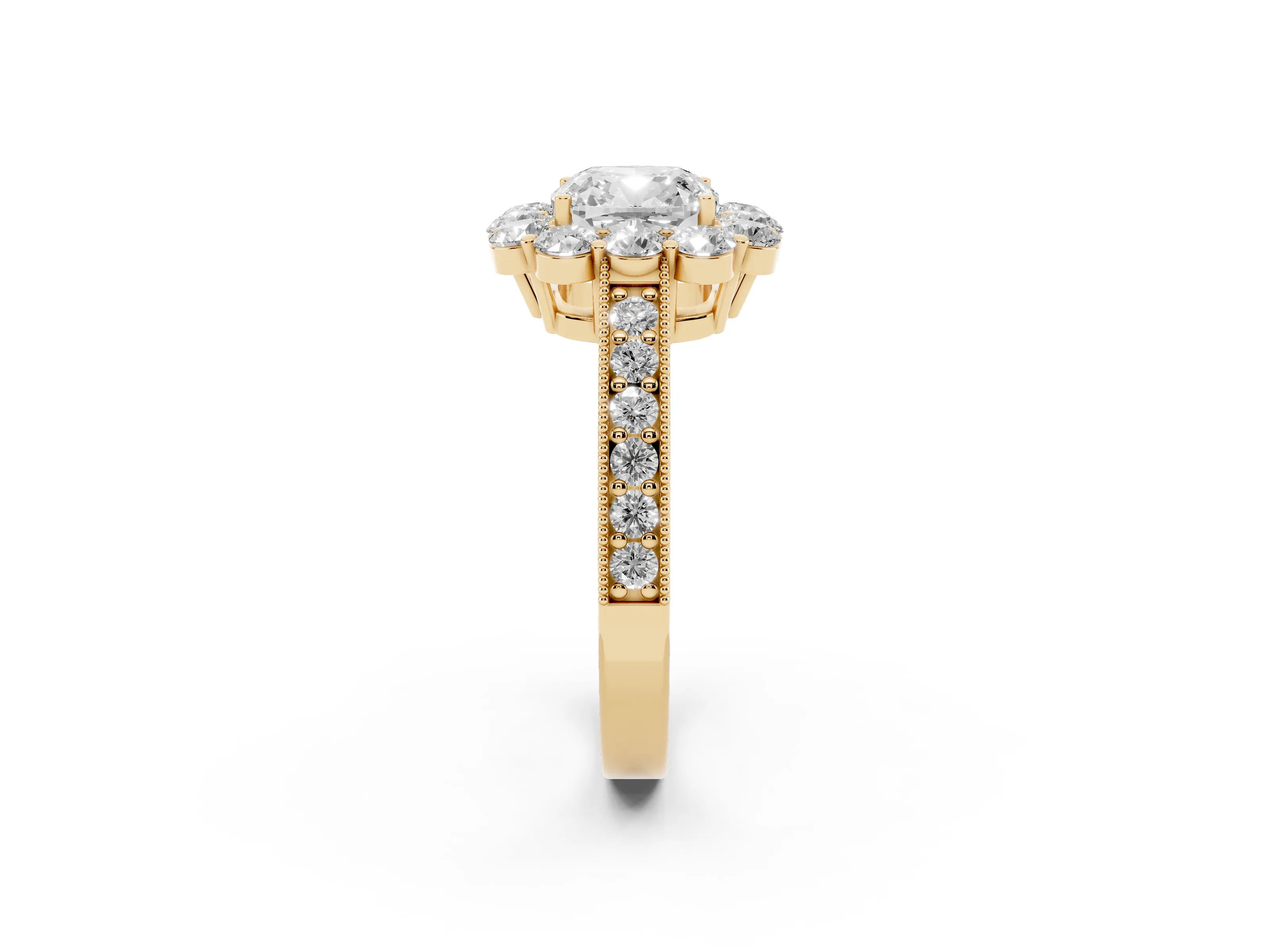 Cushion Cut Diamond Halo Pavé Engagement Ring Set in Yellow gold with Milgrain Detailing