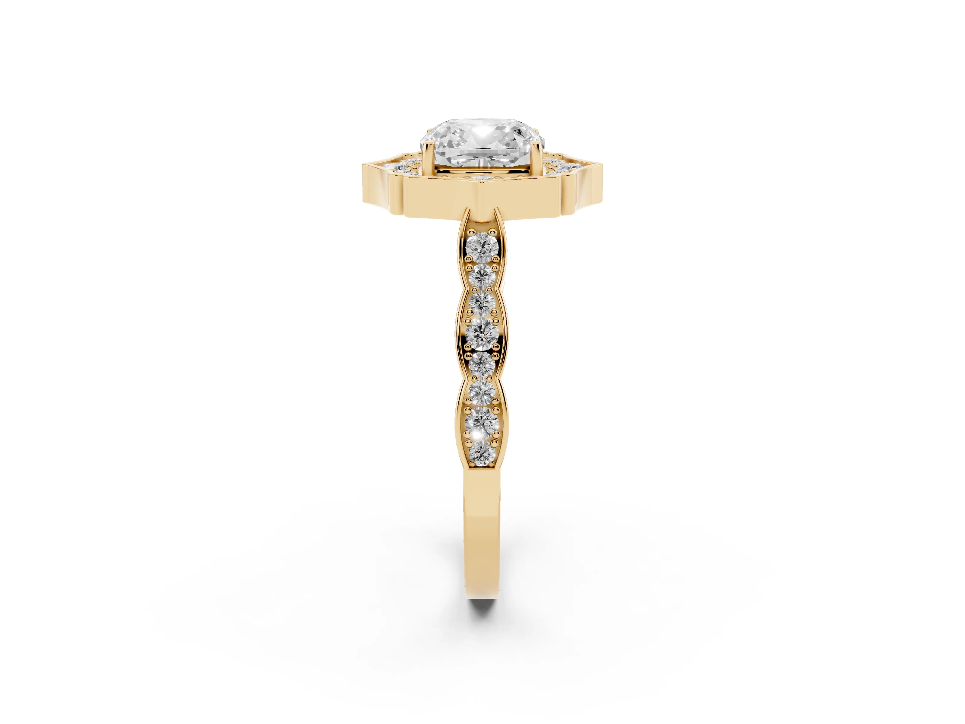 Cushion Cut Diamond Halo Engagement Ring Set in Yellow gold with Milgrain Band and Prong Setting