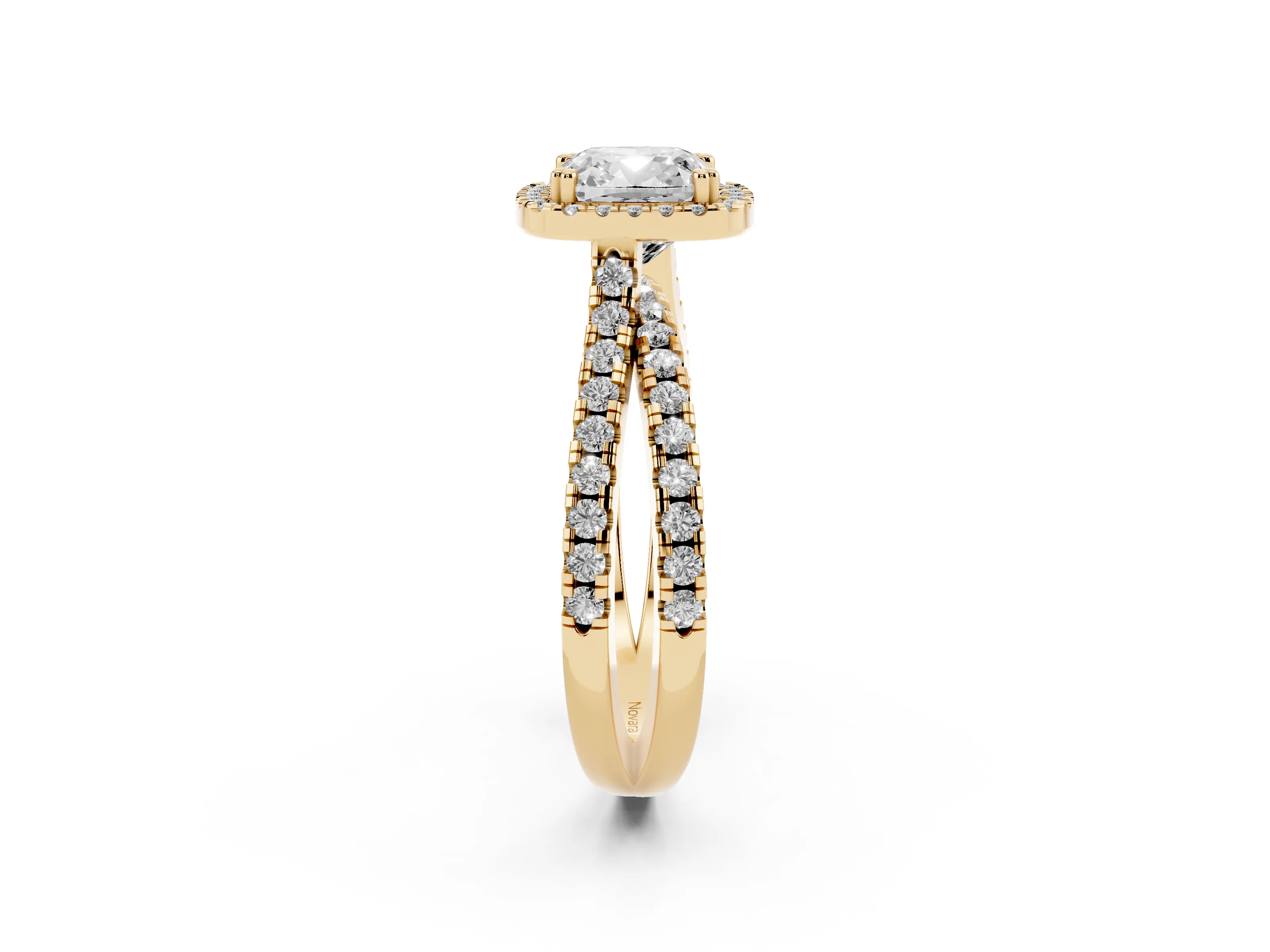 Cushion Cut Diamond Halo Split Shank Ring Set in Yellow gold with Pavé Setting