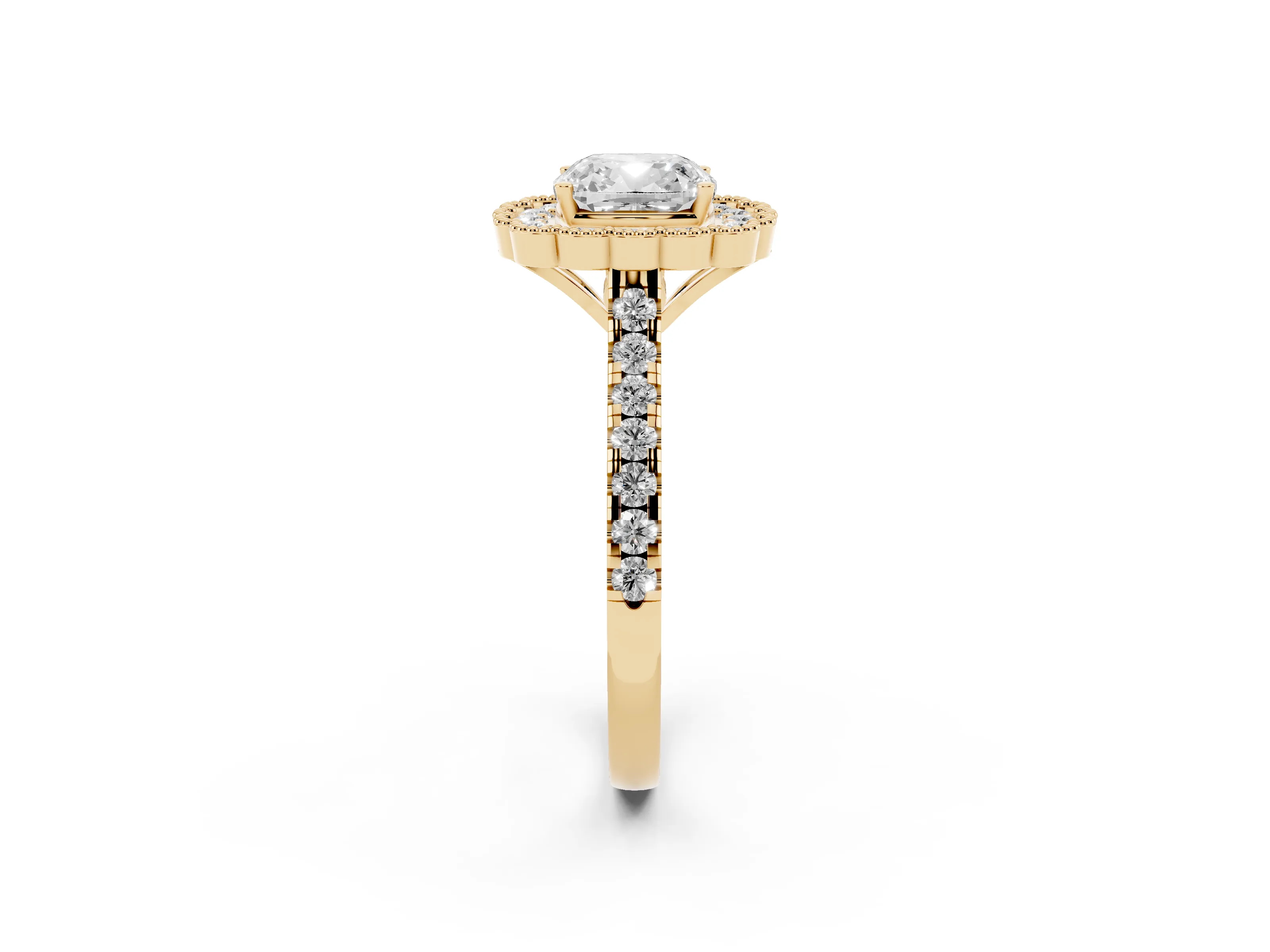 Cushion Cut Diamond Milgrain Floral Halo Engagement Ring Set in Yellow gold with Pavé Band