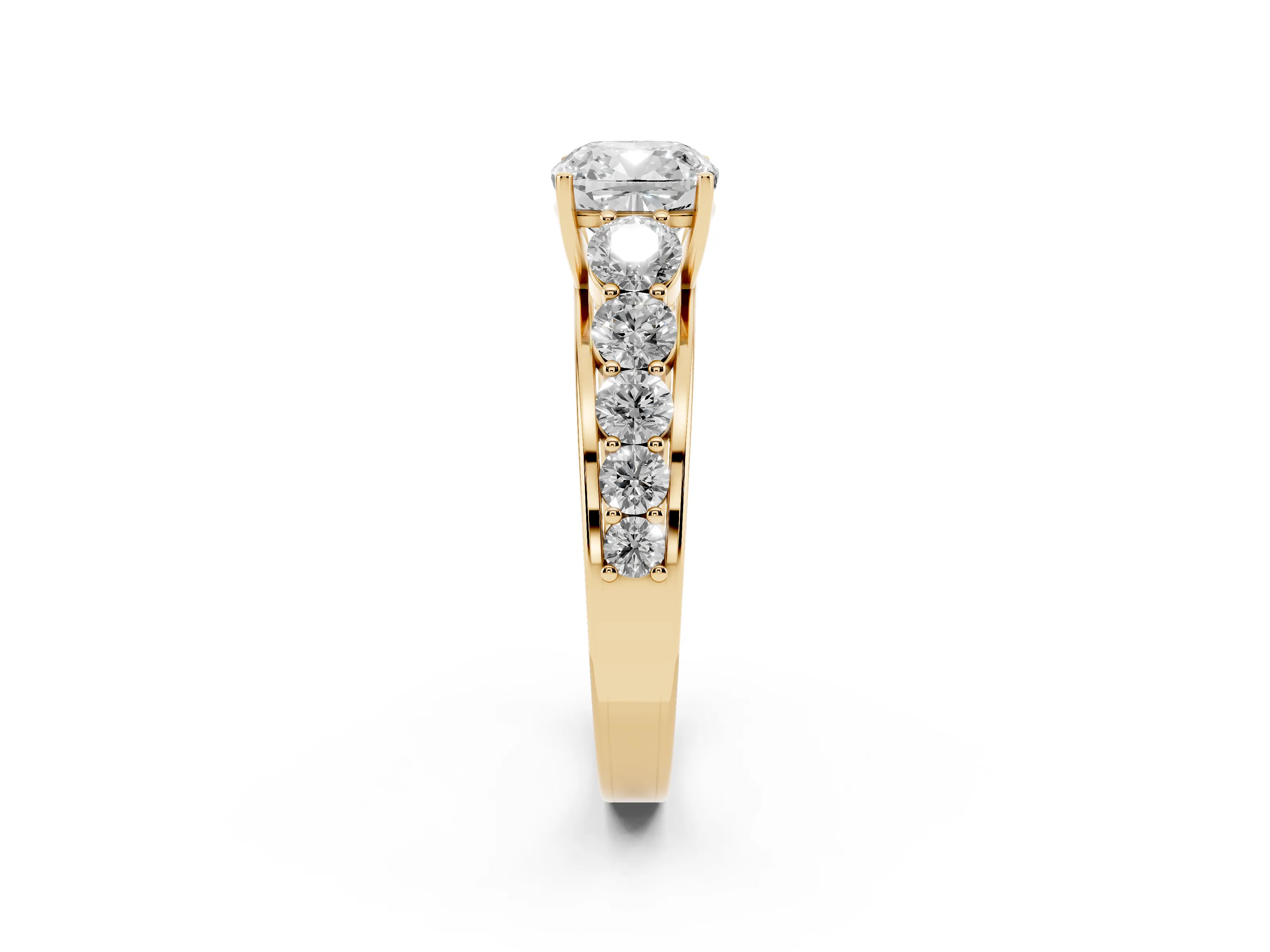 Cushion Cut Diamond Solitaire Ring Set in Yellow gold with Pavé-Set Band and Prong Setting