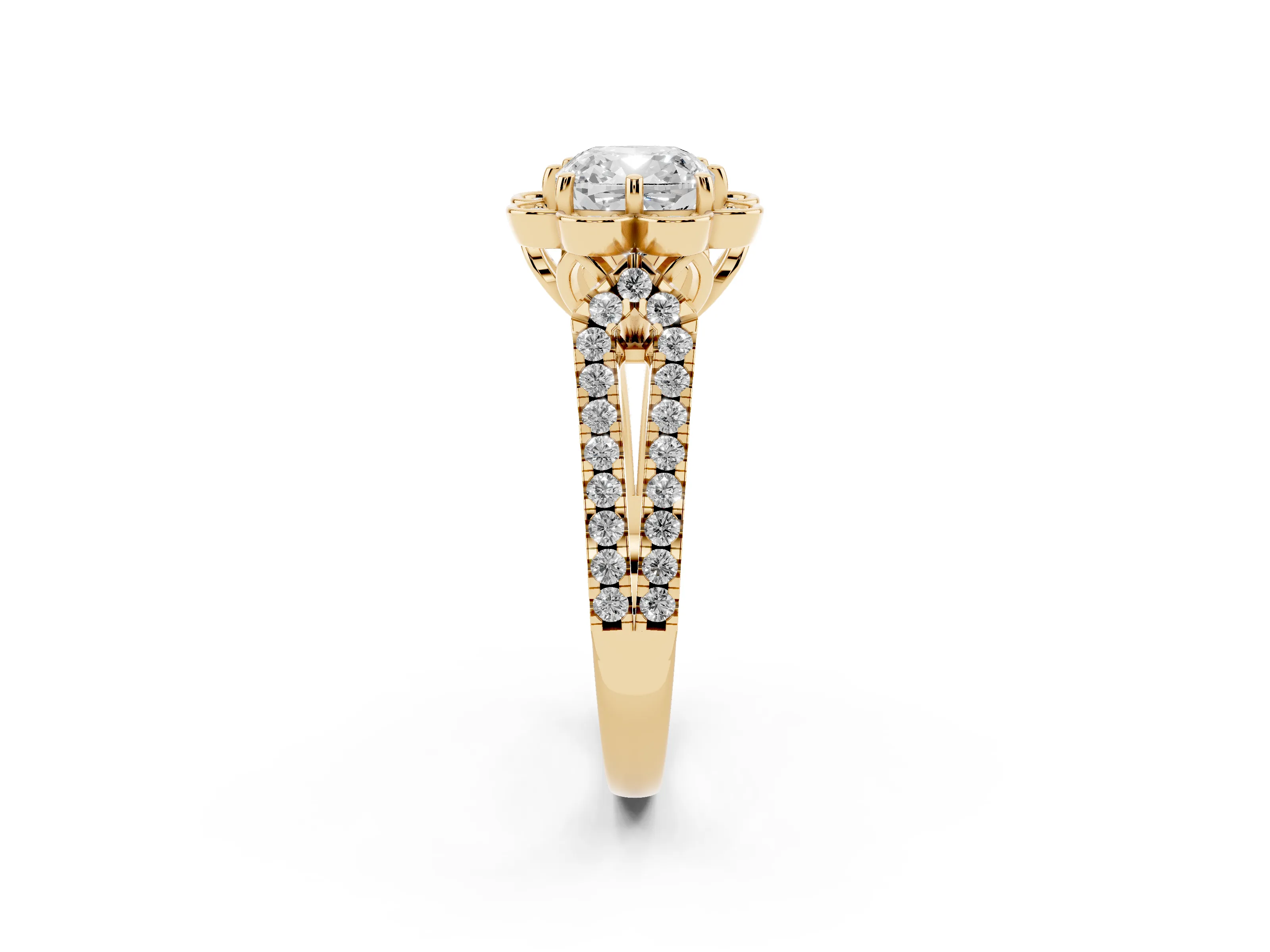 Cushion Cut Diamond Floral Halo Split Shank Engagement Ring Set in Yellow gold with Pavé Shank