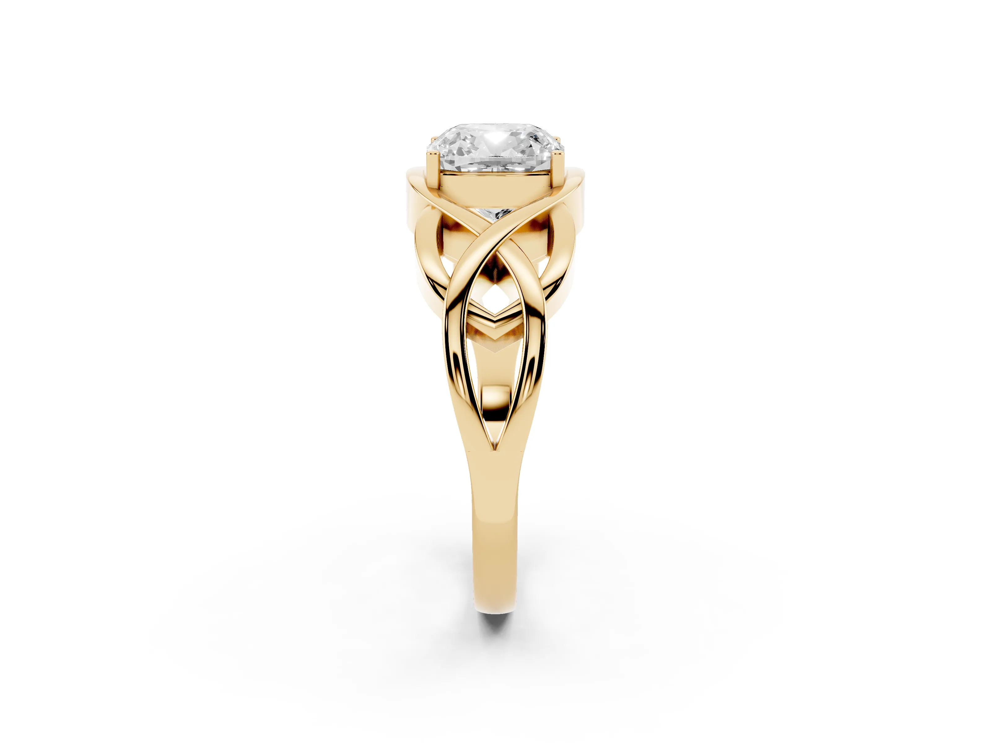 Cushion Cut Diamond Solitaire Ring Set in Yellow gold with Intertwined Band