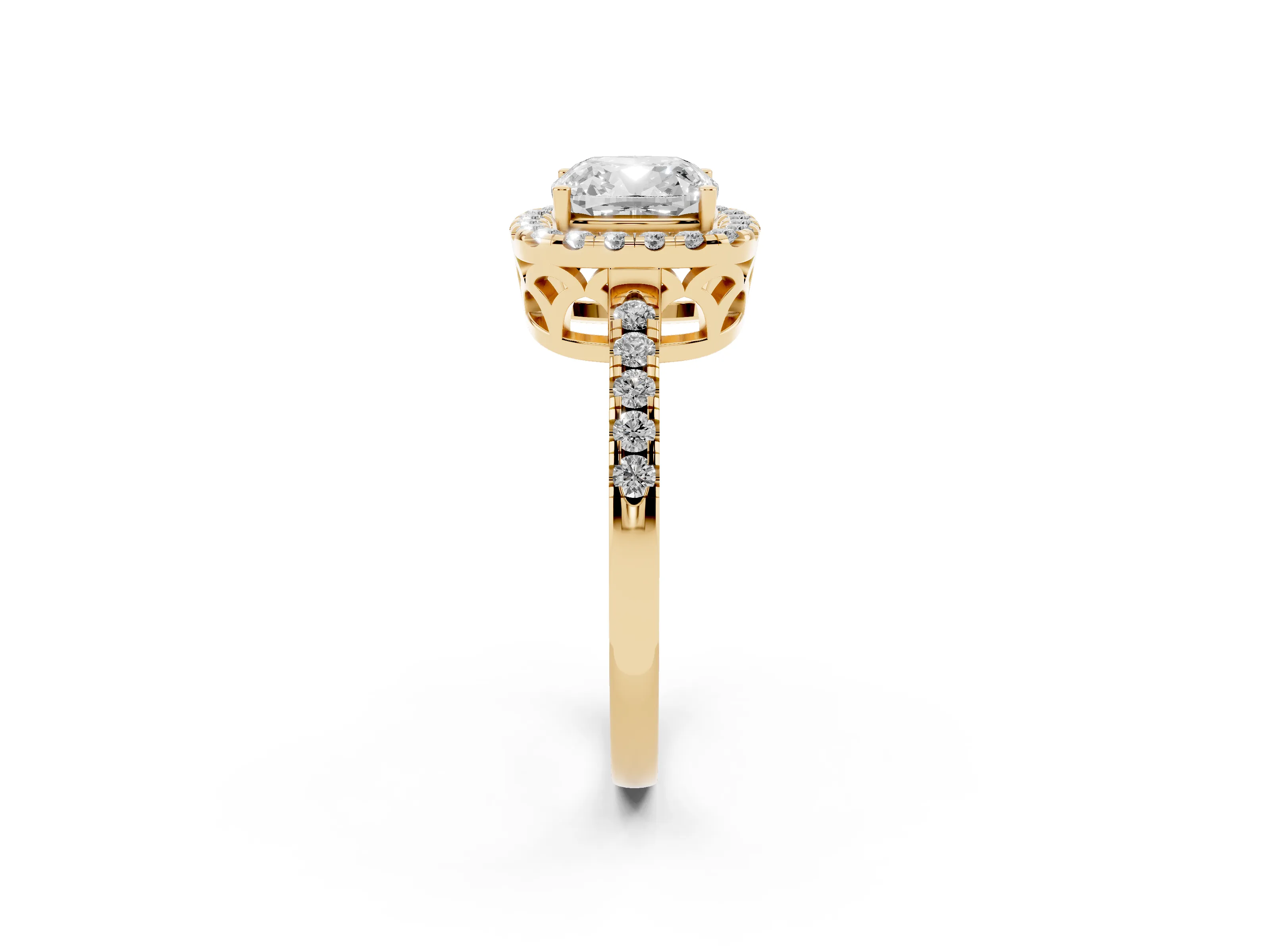 Cushion Cut Diamond Pavé Band Halo Engagement Ring Set in Yellow gold with Prong Setting