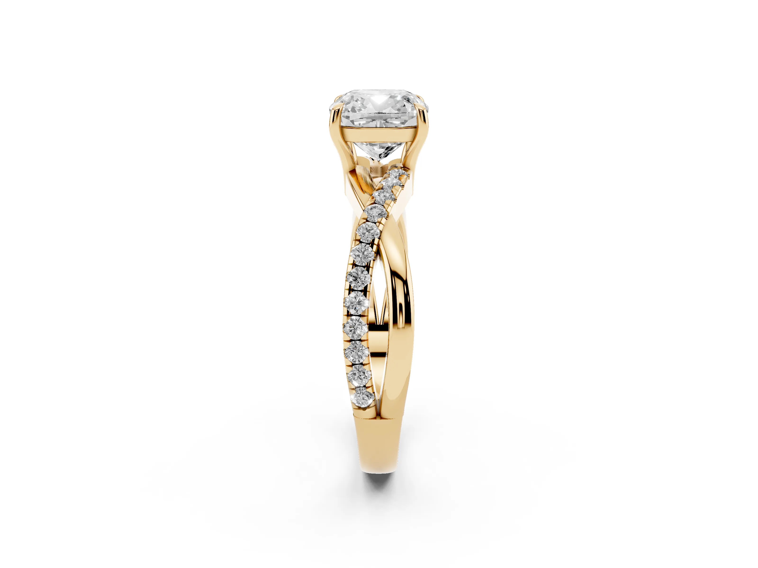 Cushion Cut Diamond Twisted Pavé Band Ring Set in Yellow gold with Prong Setting