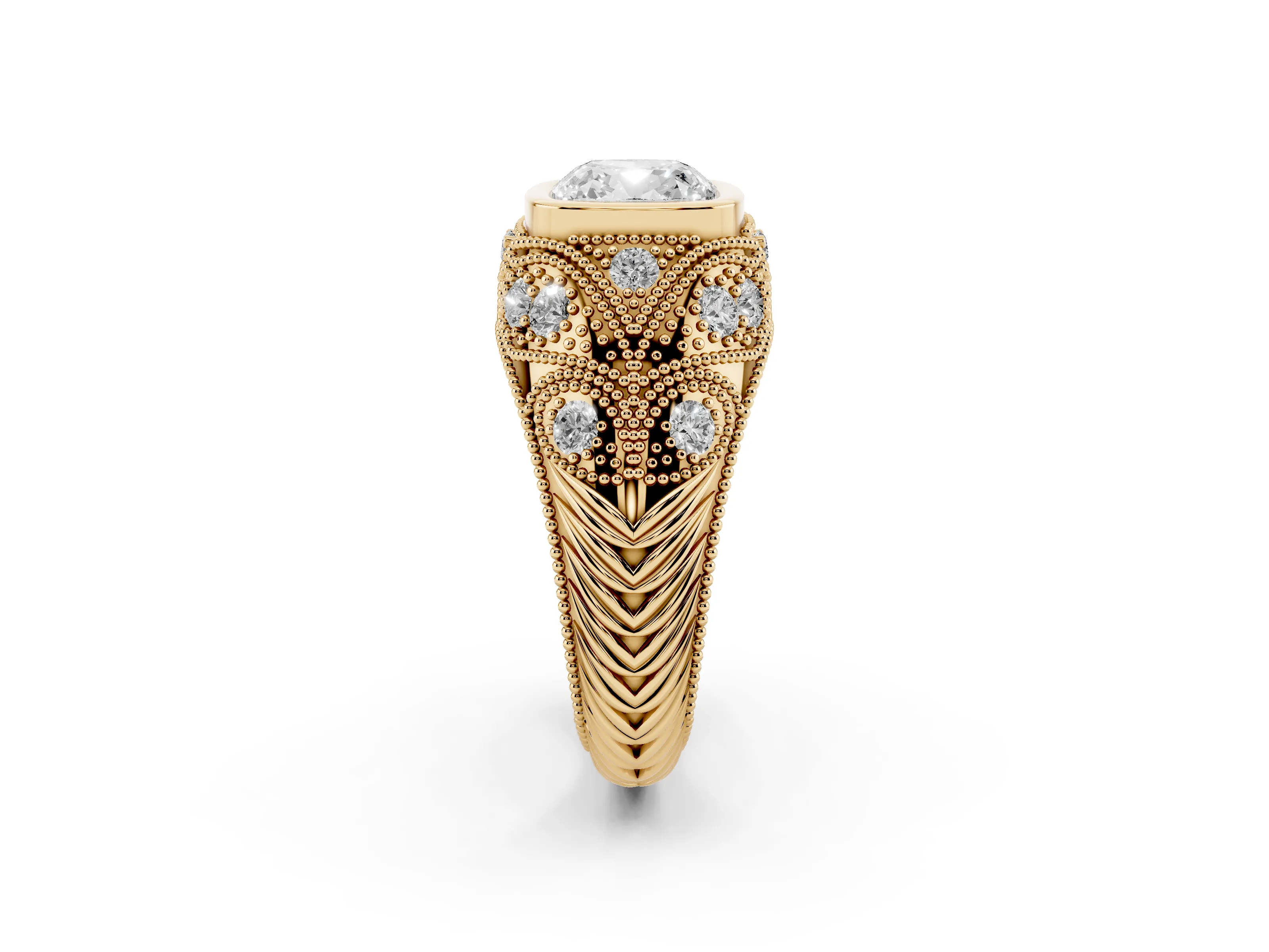 Cushion Cut Diamond Bezel Ring Set in Yellow gold with Milgrain Accent Band