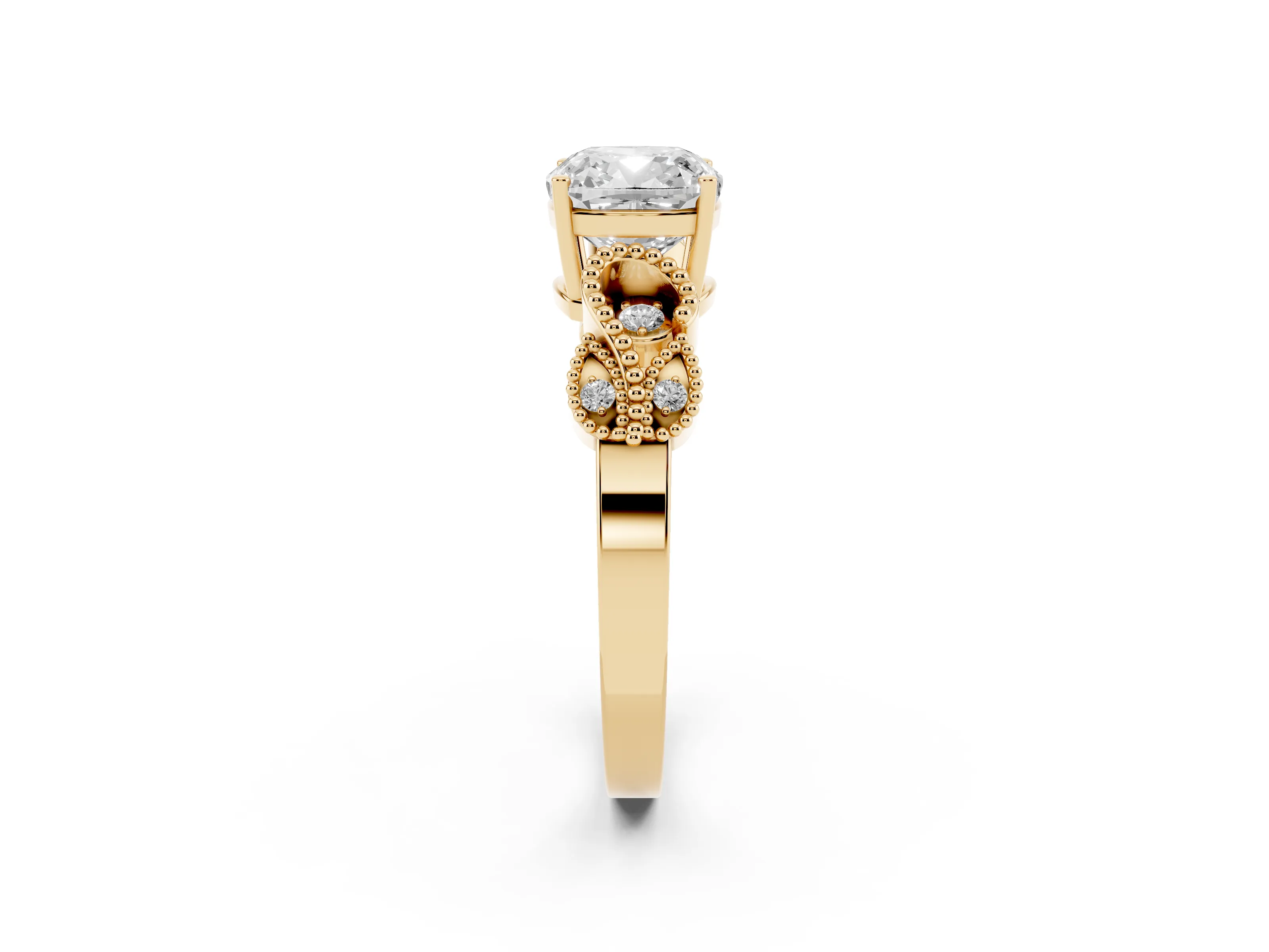 Cushion Cut Diamond Milgrain Leaf Band Solitaire Ring Set in Yellow gold with Accent Stones and Prong Setting