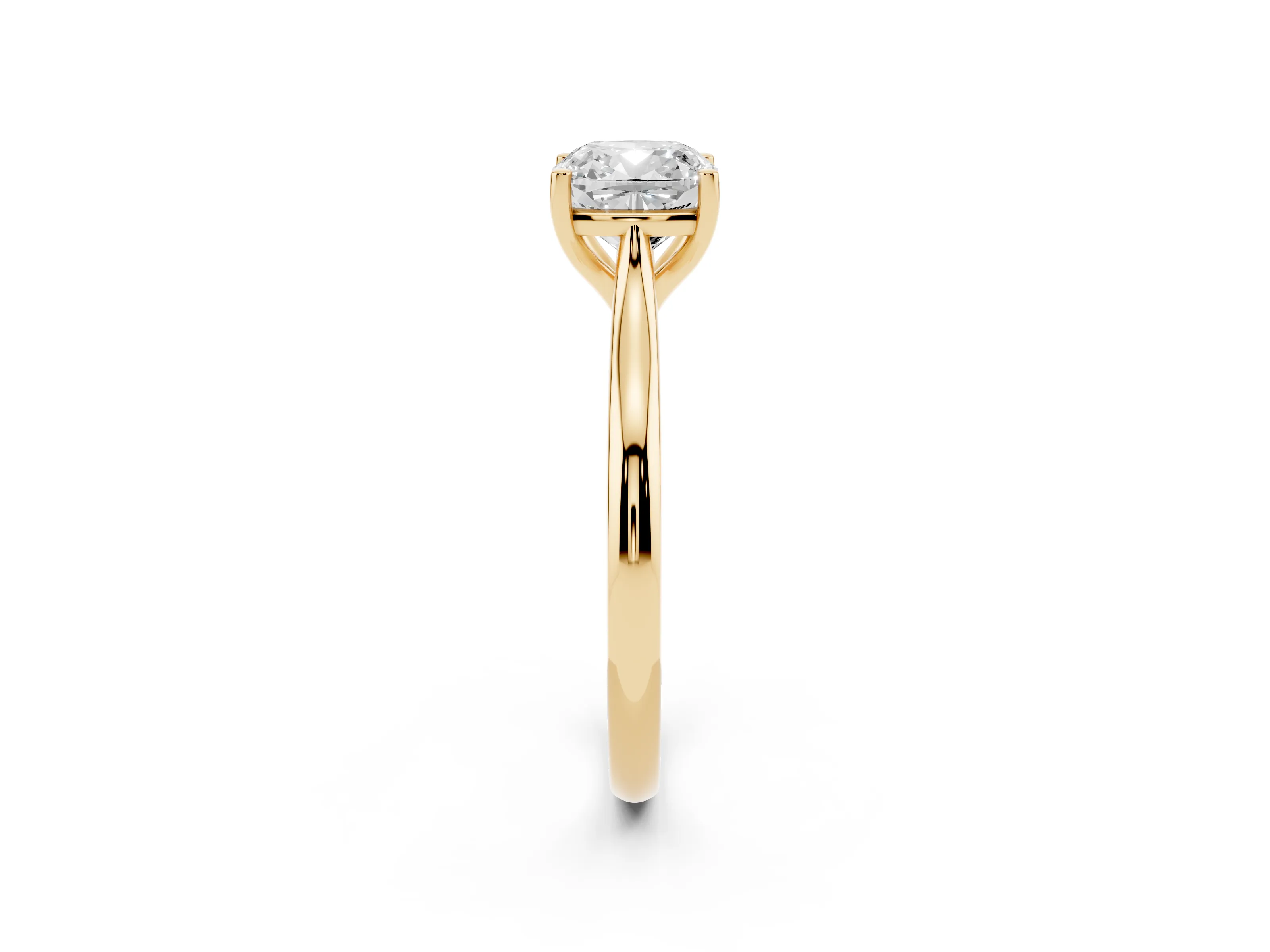 Cushion Cut Diamond Solitaire Ring Set in Yellow gold with Cathedral Band and Prong Setting