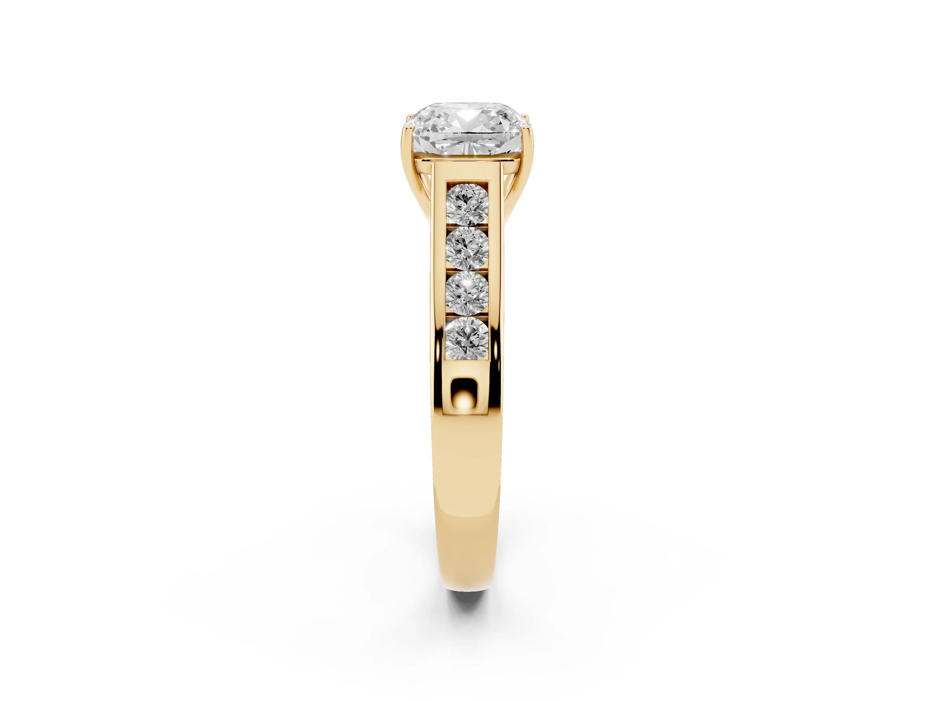 Cushion Cut Diamond Brilliant Channel-Set Solitaire Ring Set in Yellow gold with Prong Setting