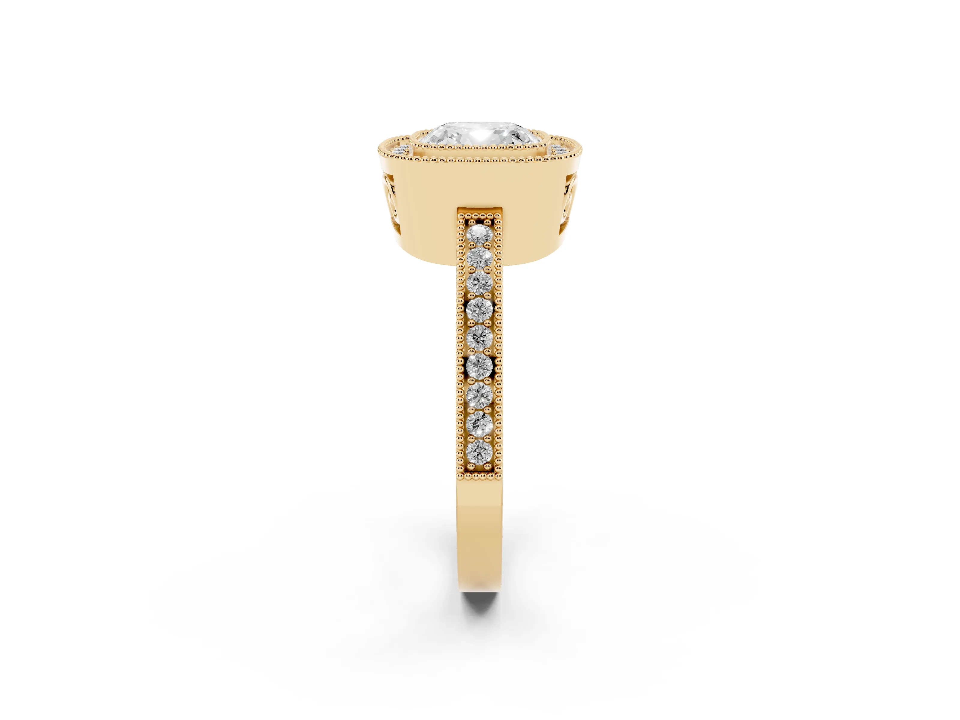 Cushion Cut Diamond Round Halo Ring Set in Yellow gold with Pavé Band