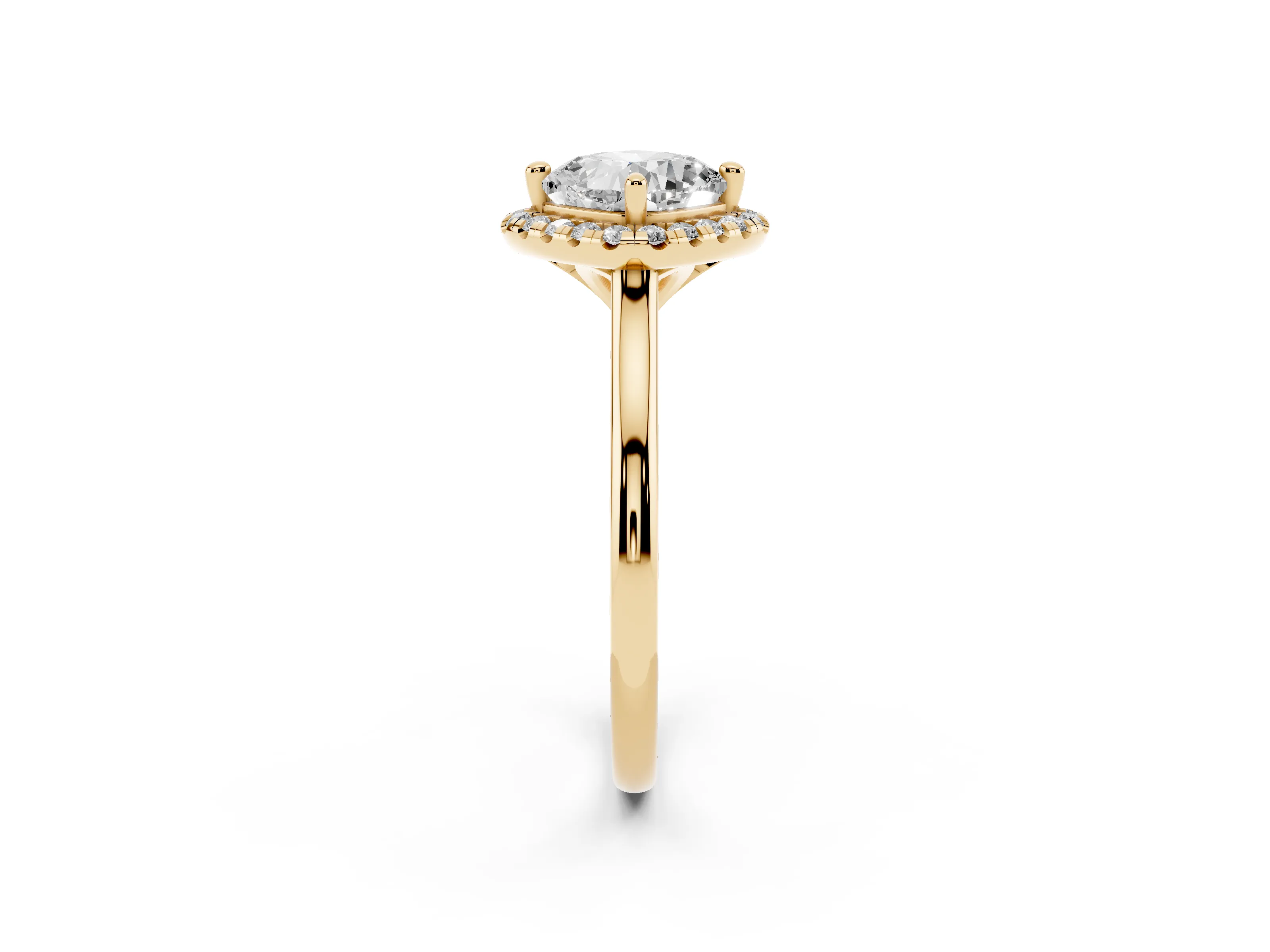 Cushion Cut Diamond Halo Engagement Ring Set in Yellow gold with Pavé Band and Rising Shoulders
