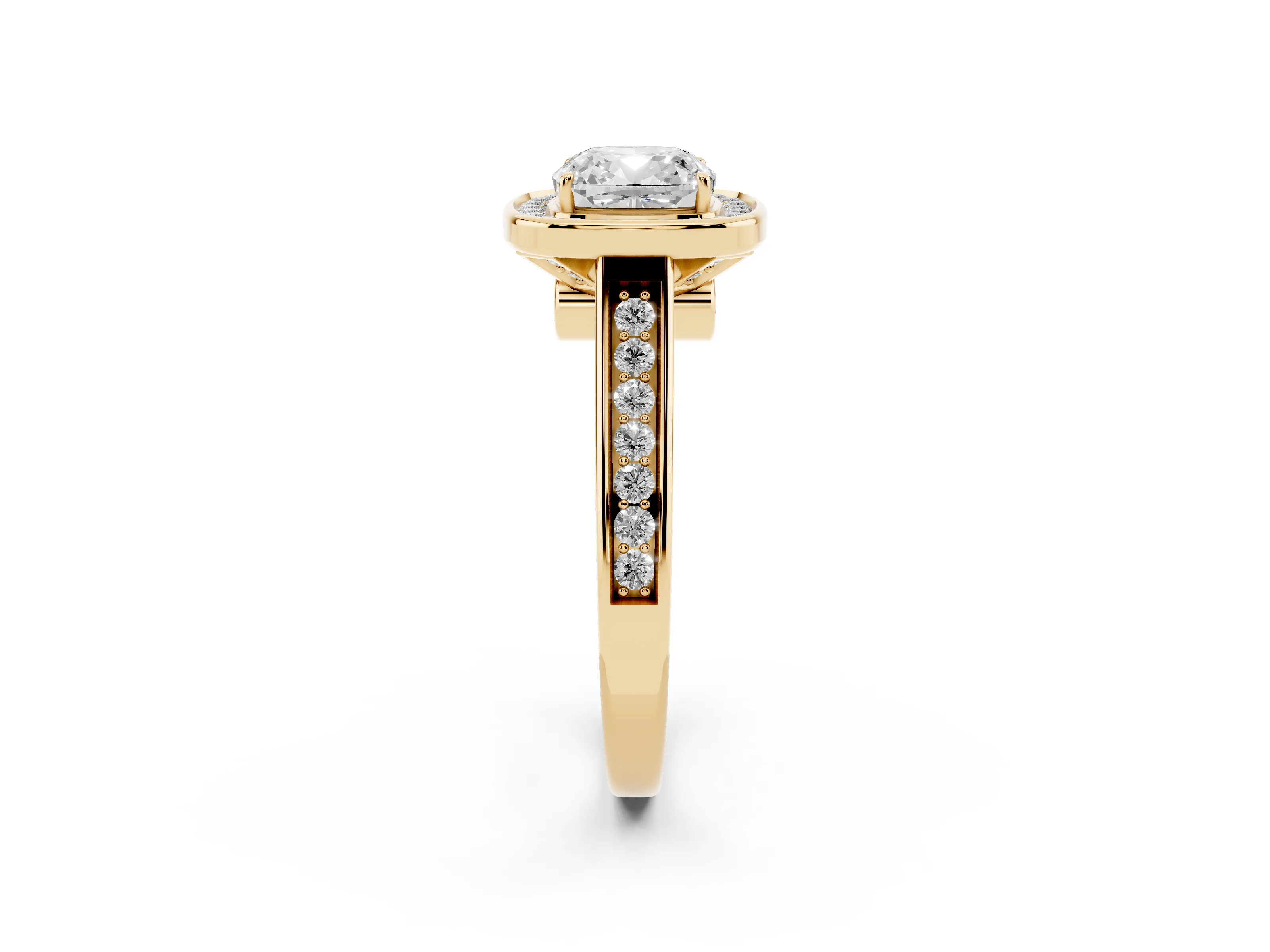 Cushion Cut Diamond Halo Solitaire Ring Set in Yellow gold with Pavé Band and Bezel Setting