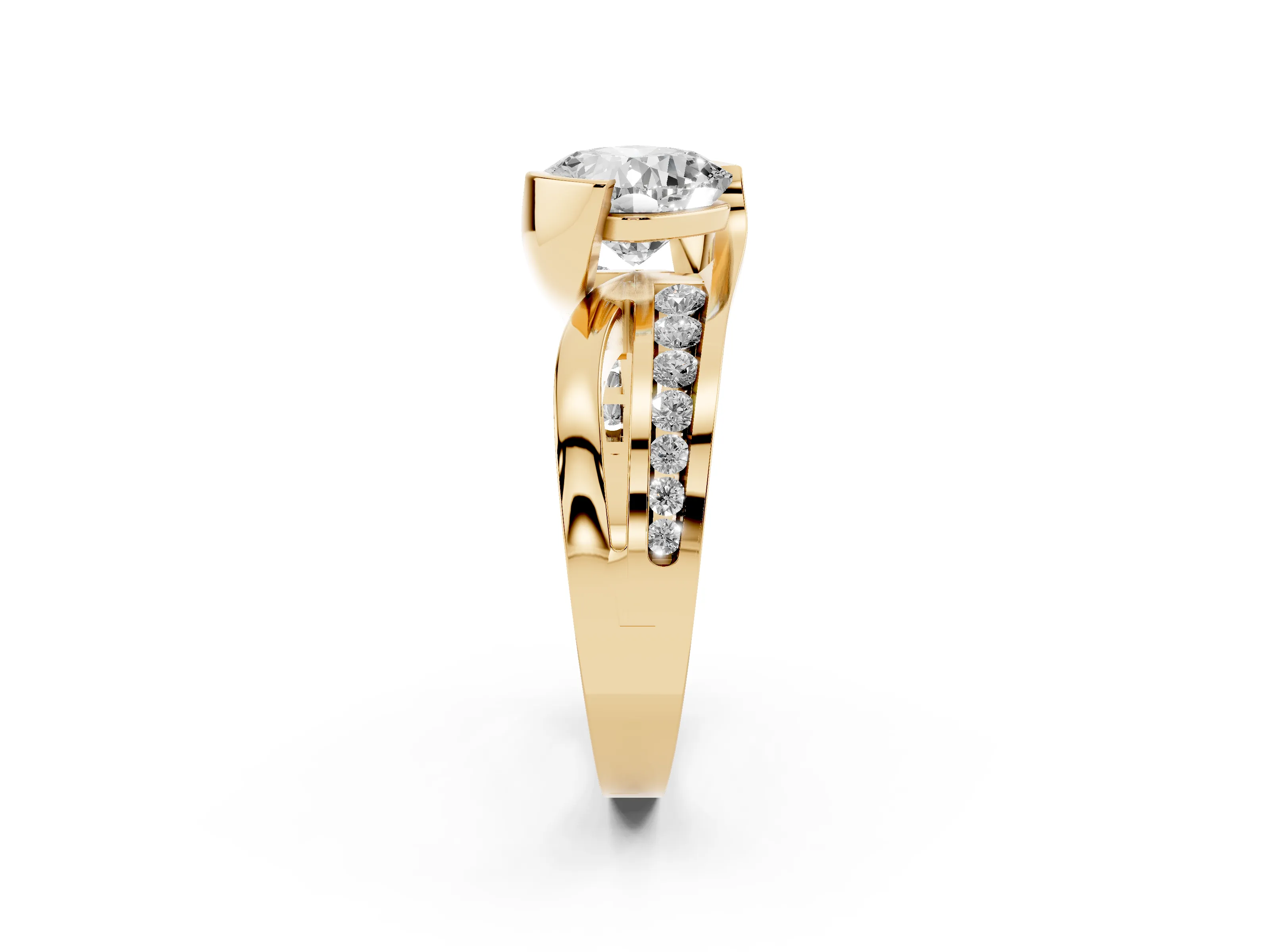 Cushion Cut Diamond Solitaire Ring Set in Yellow gold with Channel Set Split Shank and Tension Prongs