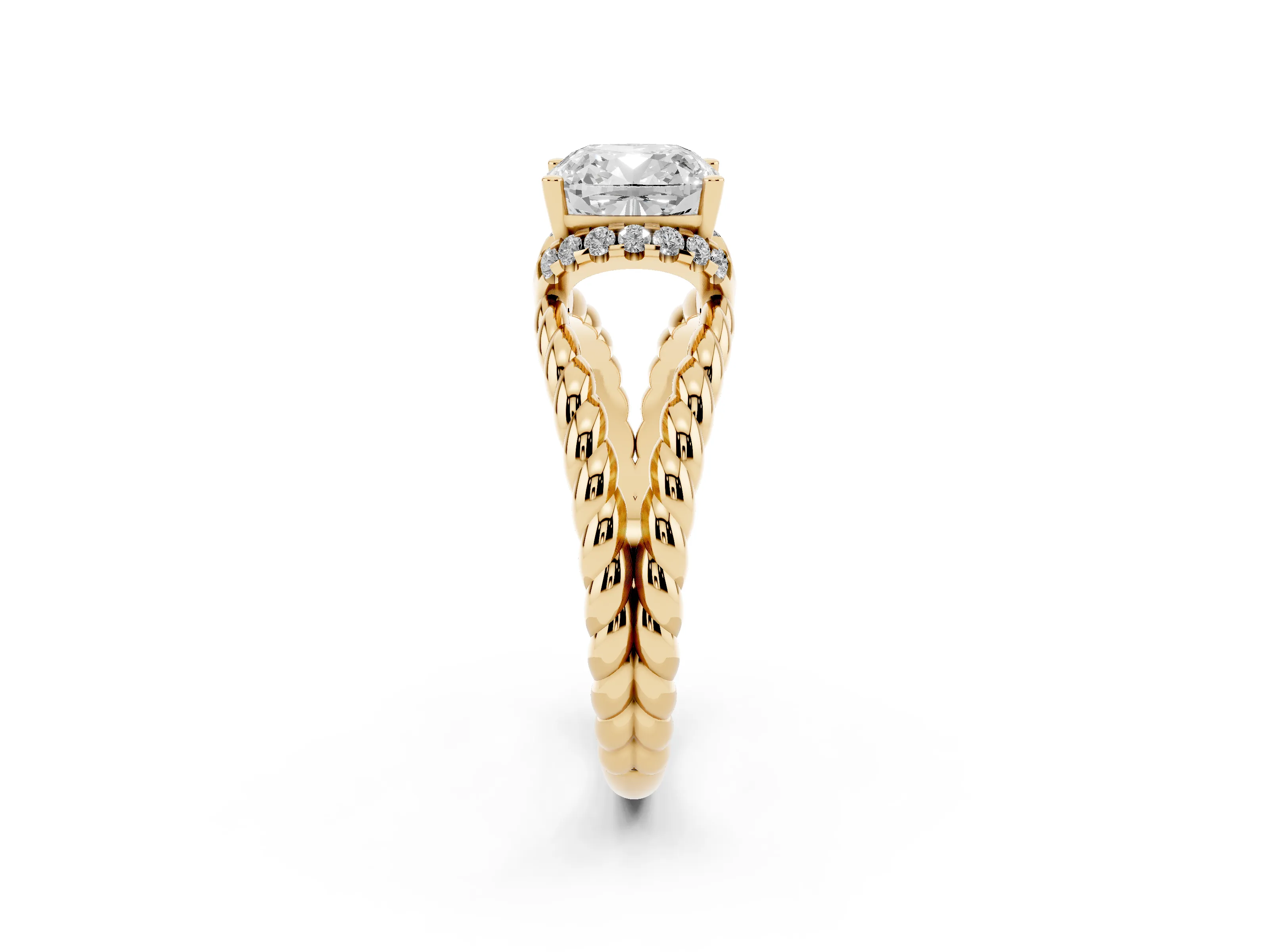 Cushion Cut Diamond Halo Ring Set in Yellow gold with Twisted Band and Prong Setting