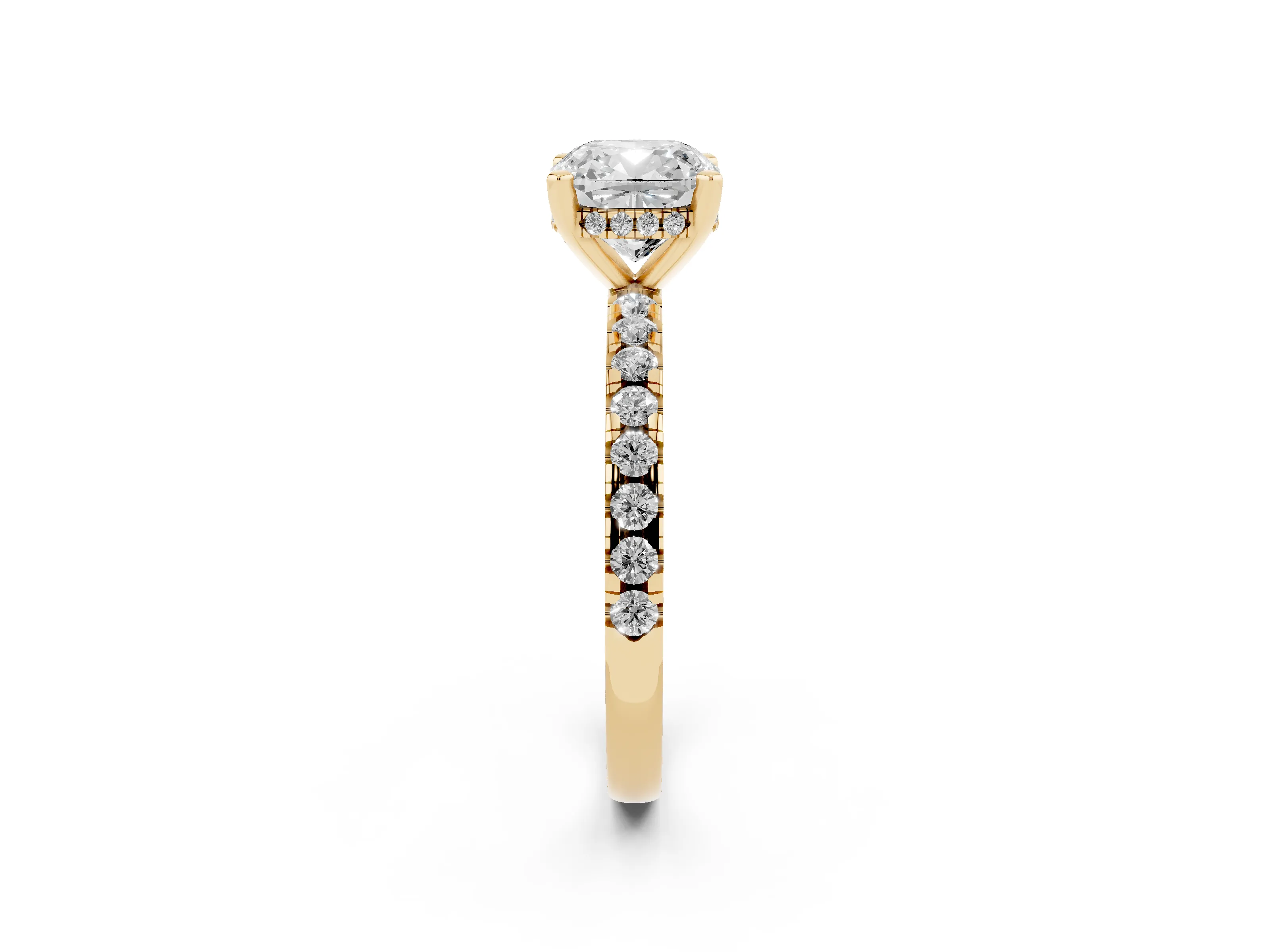 Cushion Cut Diamond Pavé Solitaire Ring Set in Yellow gold with Round Band Accents and Prong Setting