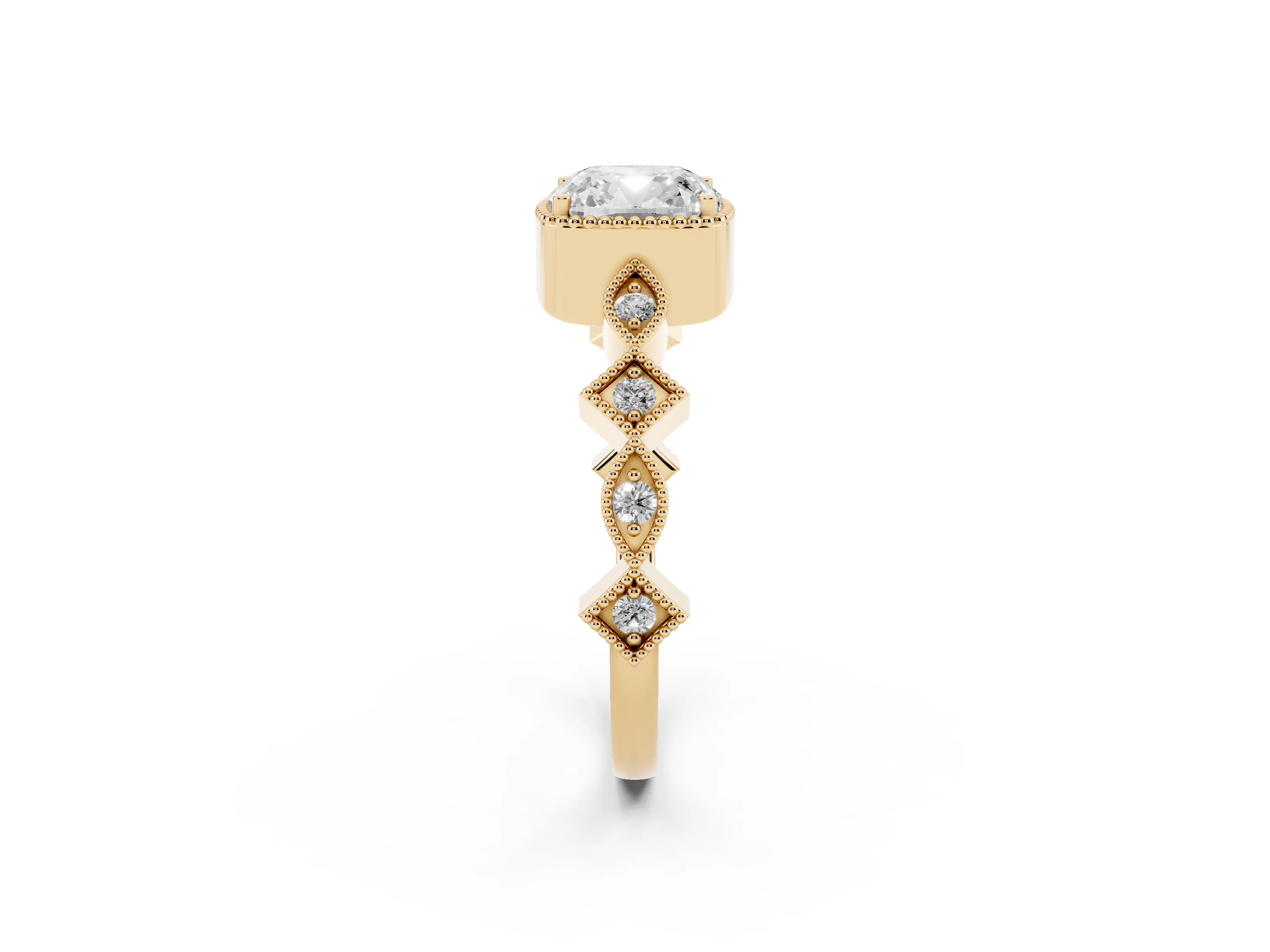 Cushion Cut Diamond Milgrain Marquise Twist Band Ring Set in Yellow gold with Prong Setting