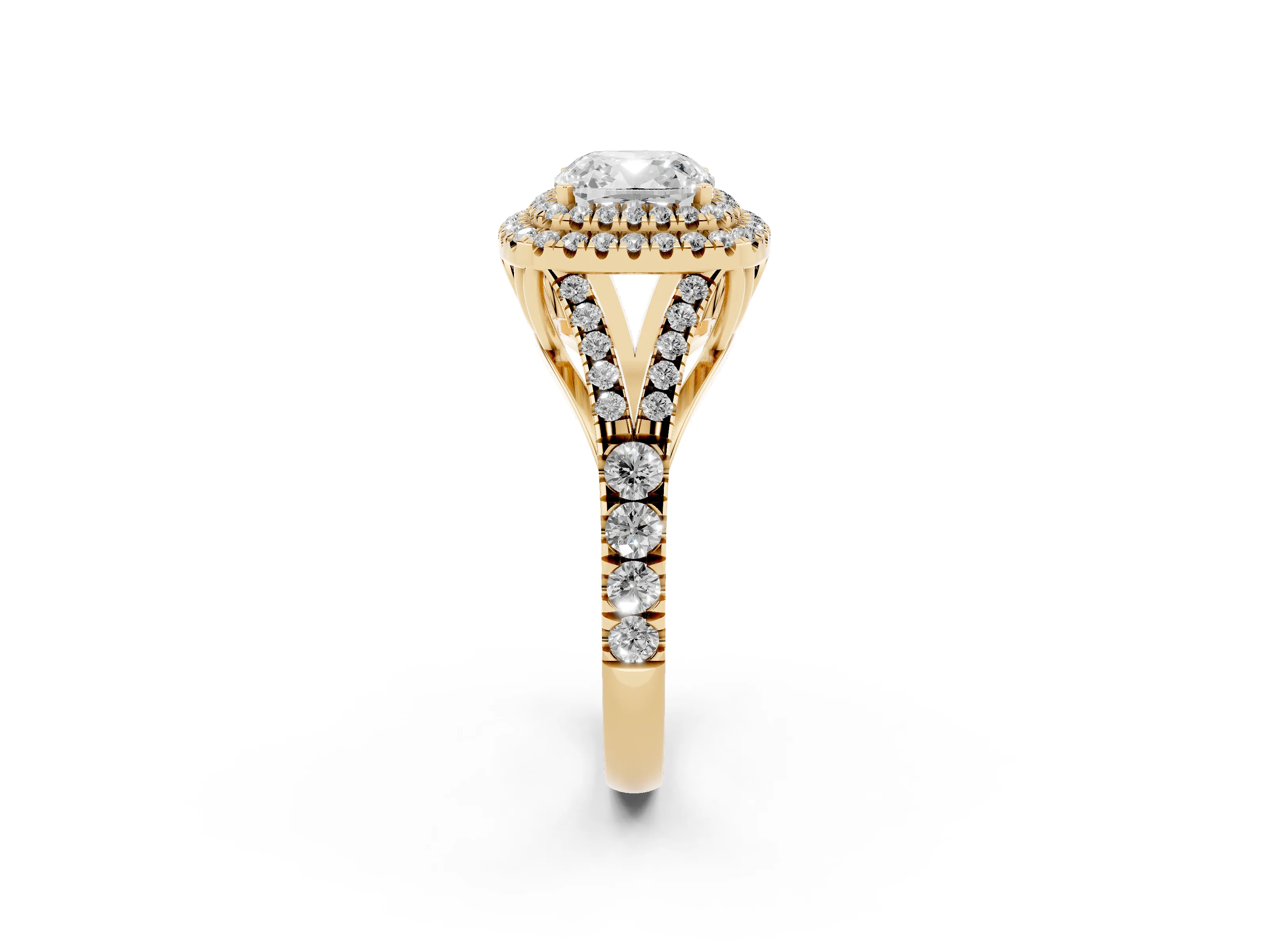 Cushion Cut Diamond Pavé Split Shank Double Halo Engagement Ring Set in Yellow gold