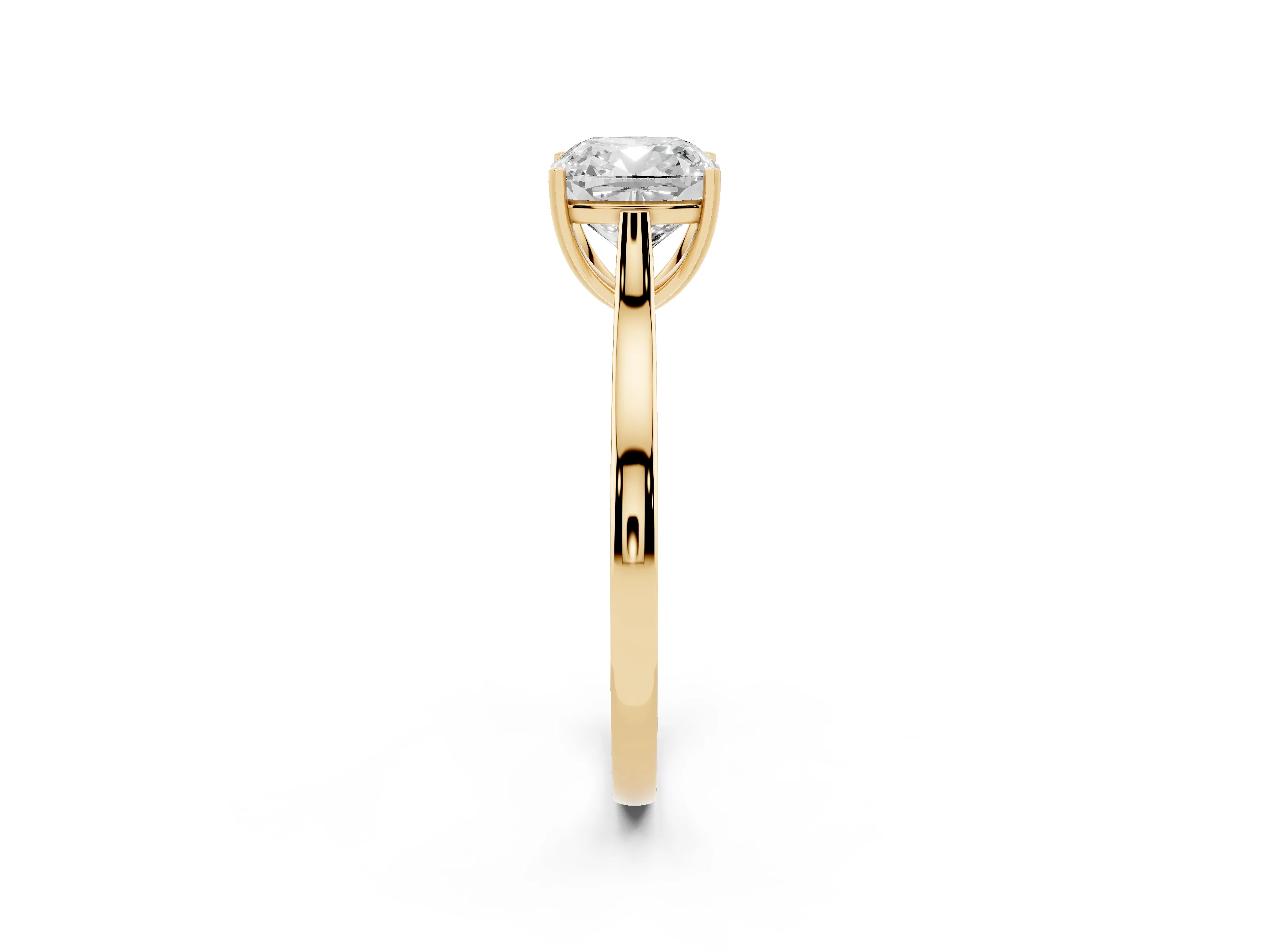 Cushion Cut Diamond Solitaire Heart Prong Engagement Ring Set in Yellow gold with Tapered Band