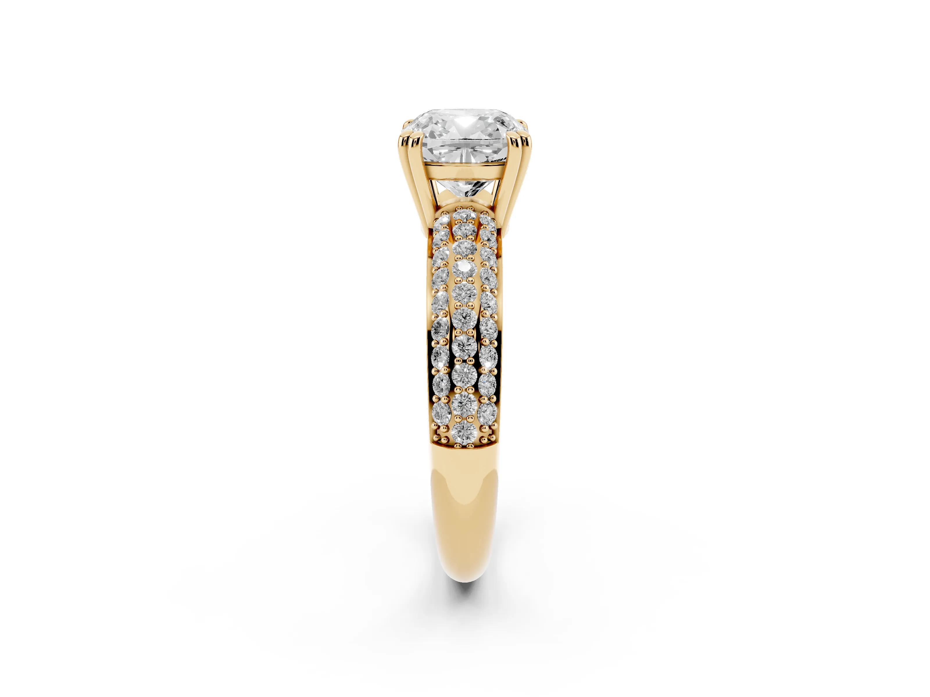 Cushion Cut Diamond Solitaire Ring Set in Yellow gold with Multi-Row Round Pavé Band and Prong Setting
