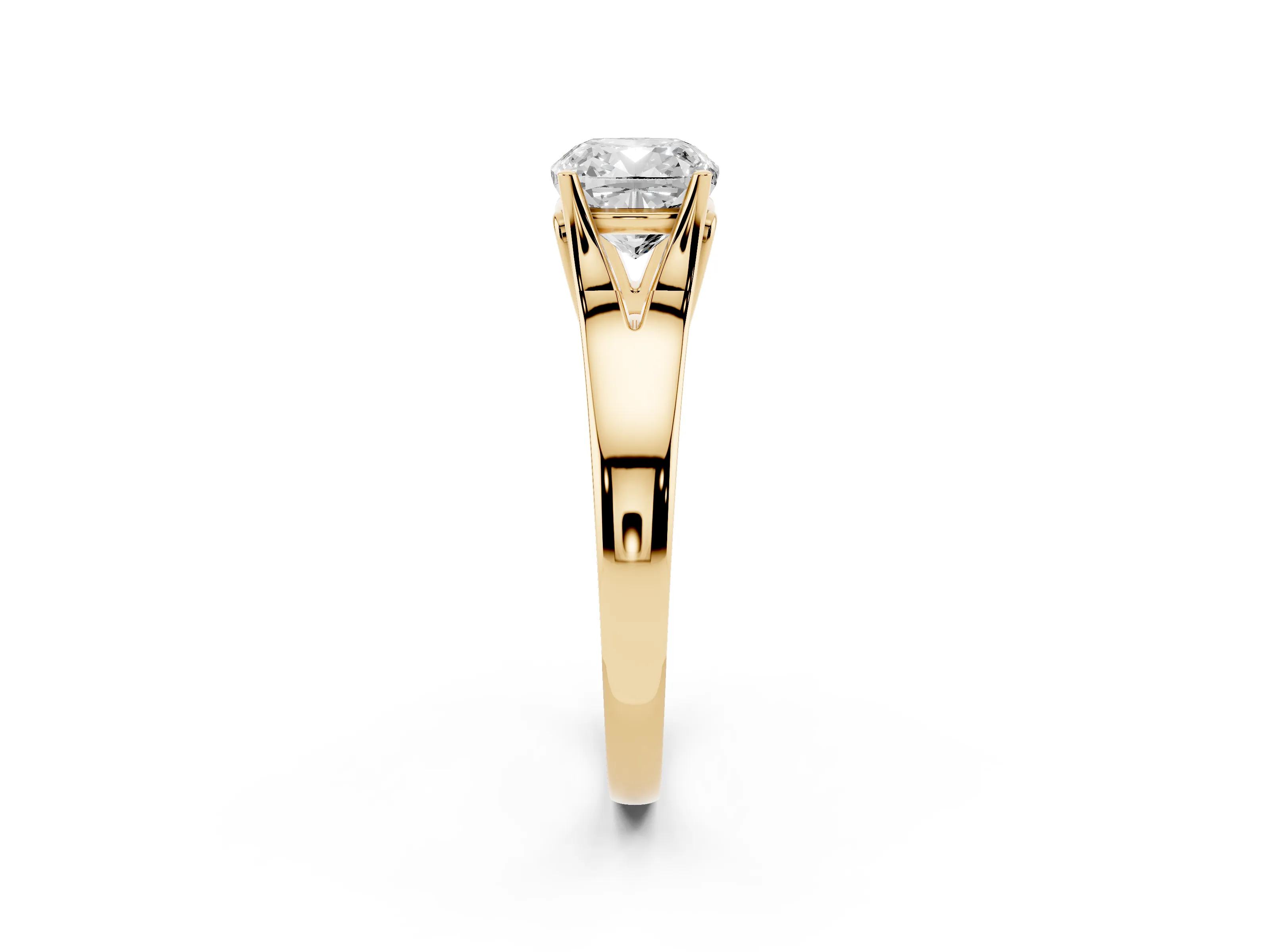 Cushion Cut Diamond Solitaire Ring Set in Yellow gold with Arched Cathedral Band and Prong Setting