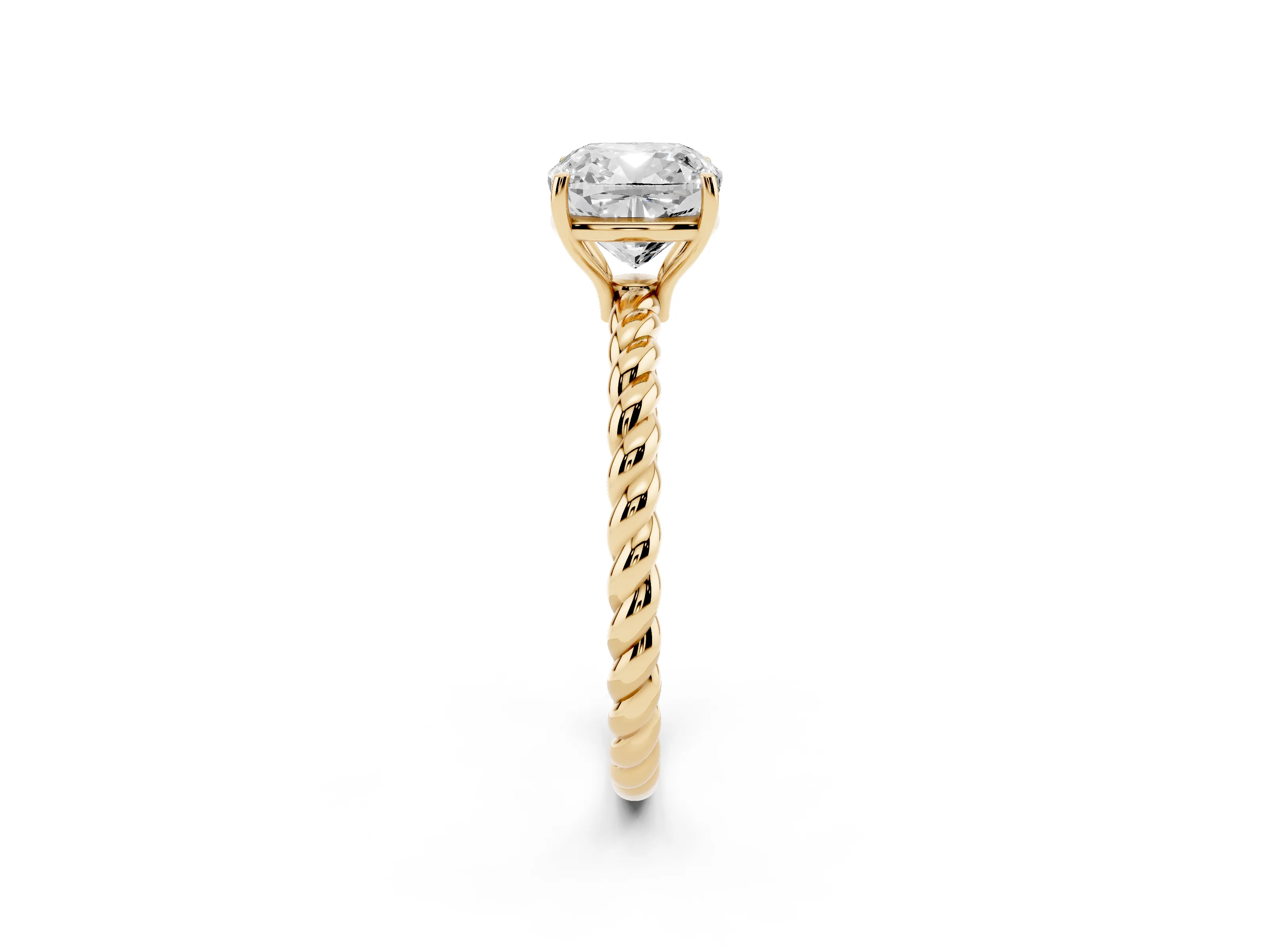 Cushion Cut Diamond Solitaire Ring Set in Yellow gold with Twist Band and Prong Setting