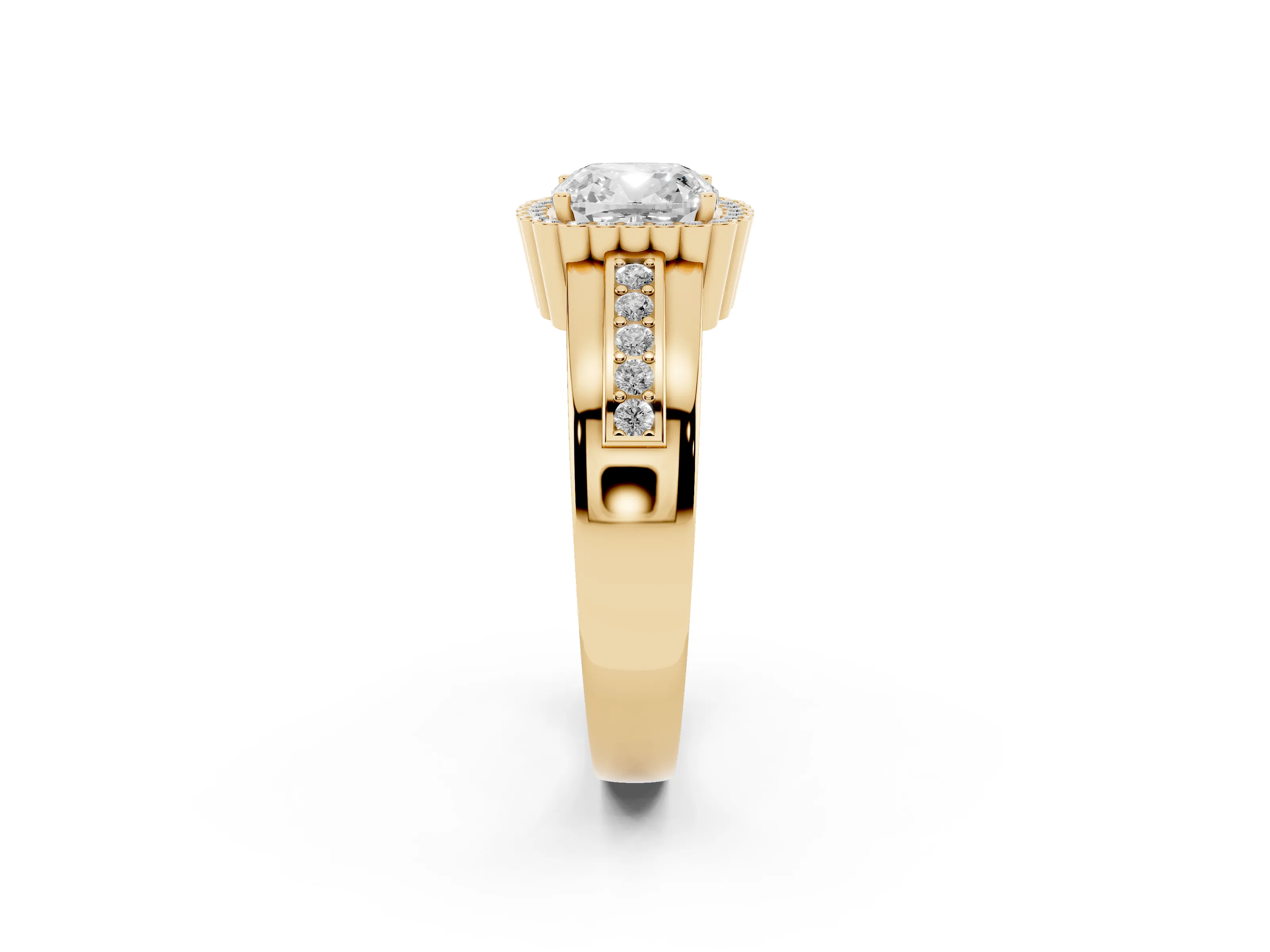 Cushion Cut Diamond Halo Prong Ring Set in Yellow gold with Pavé Band