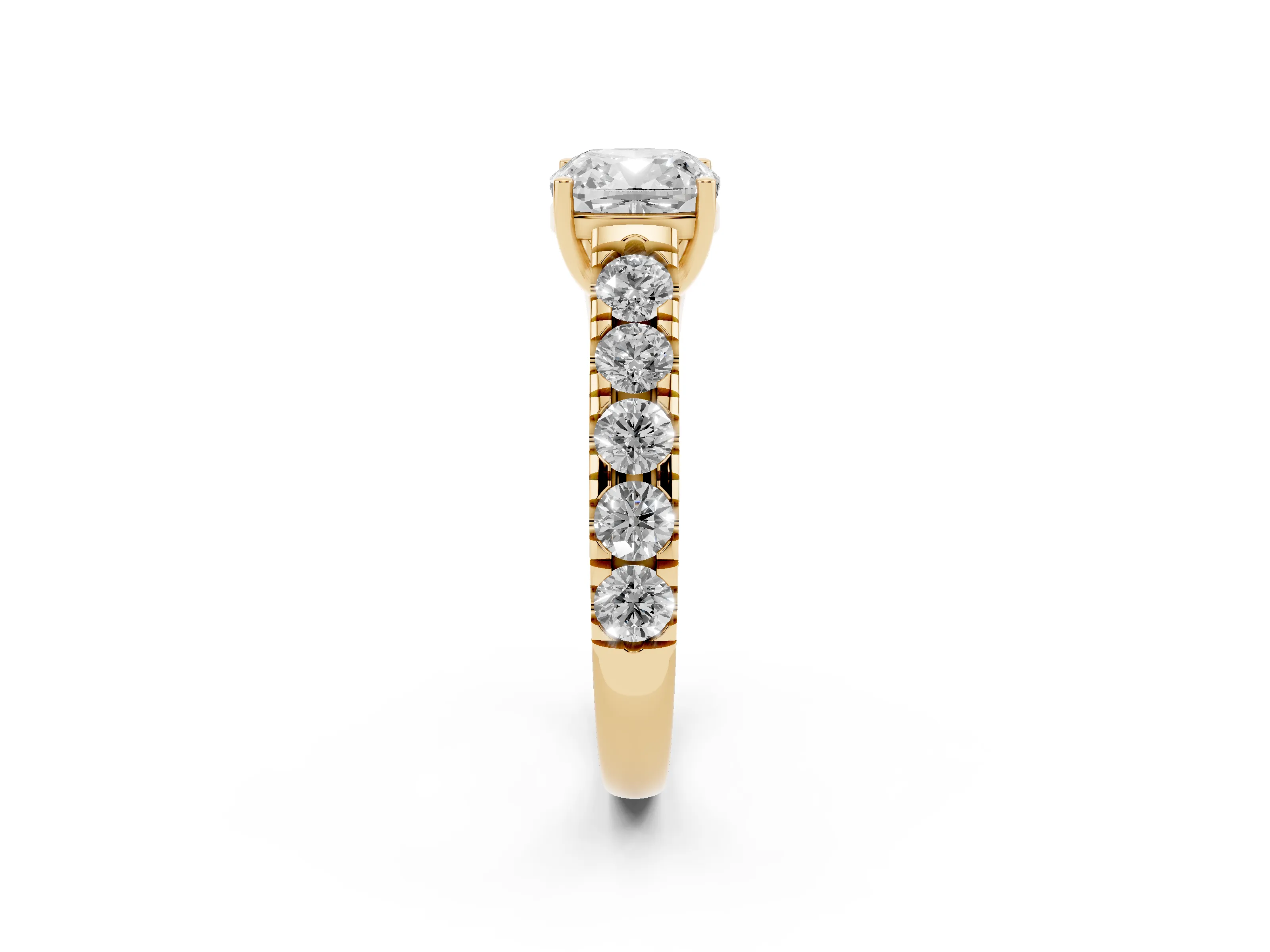 Cushion Cut Diamond Solitaire Ring Set in Yellow gold with Cut-Down Micro Pavé Band and Prong Setting