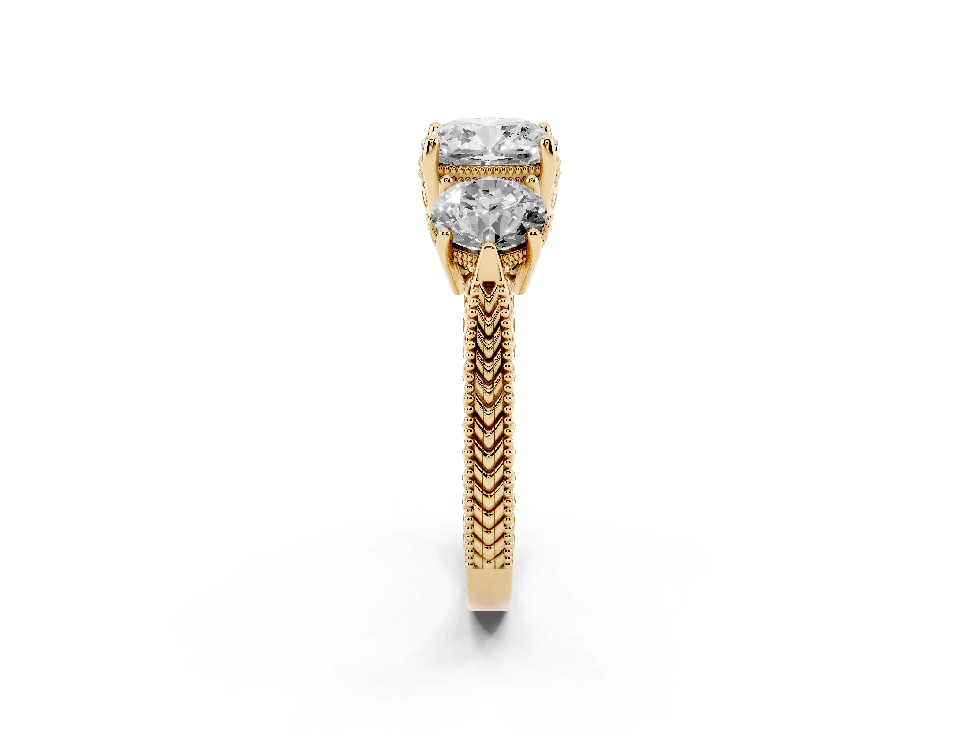 Cushion Cut Diamond Three-Stone Ring Set in Yellow gold with Milgrain Band