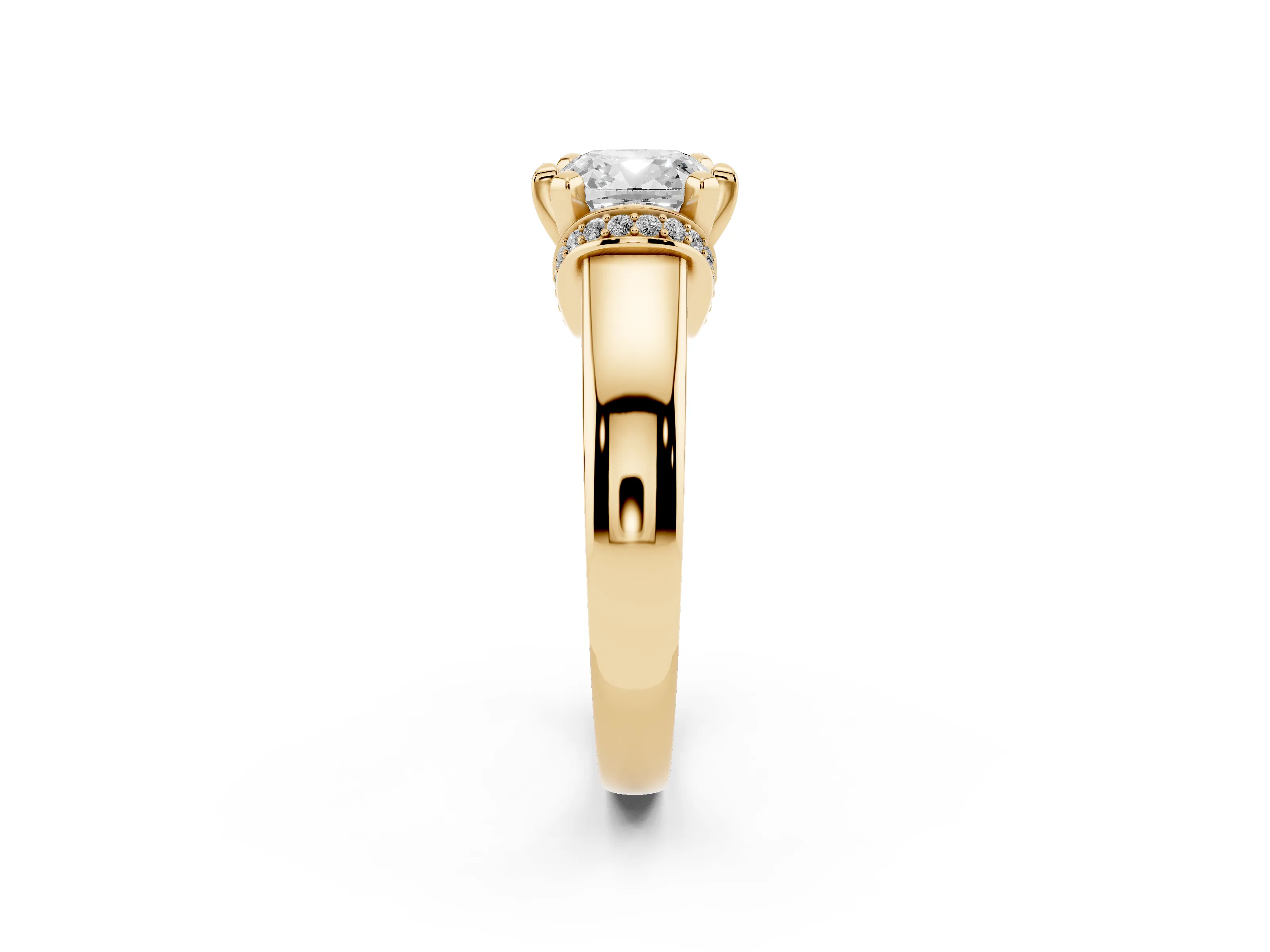 Cushion Cut Diamond Pavé Band Solitaire Ring Set in Yellow gold with Prong Setting