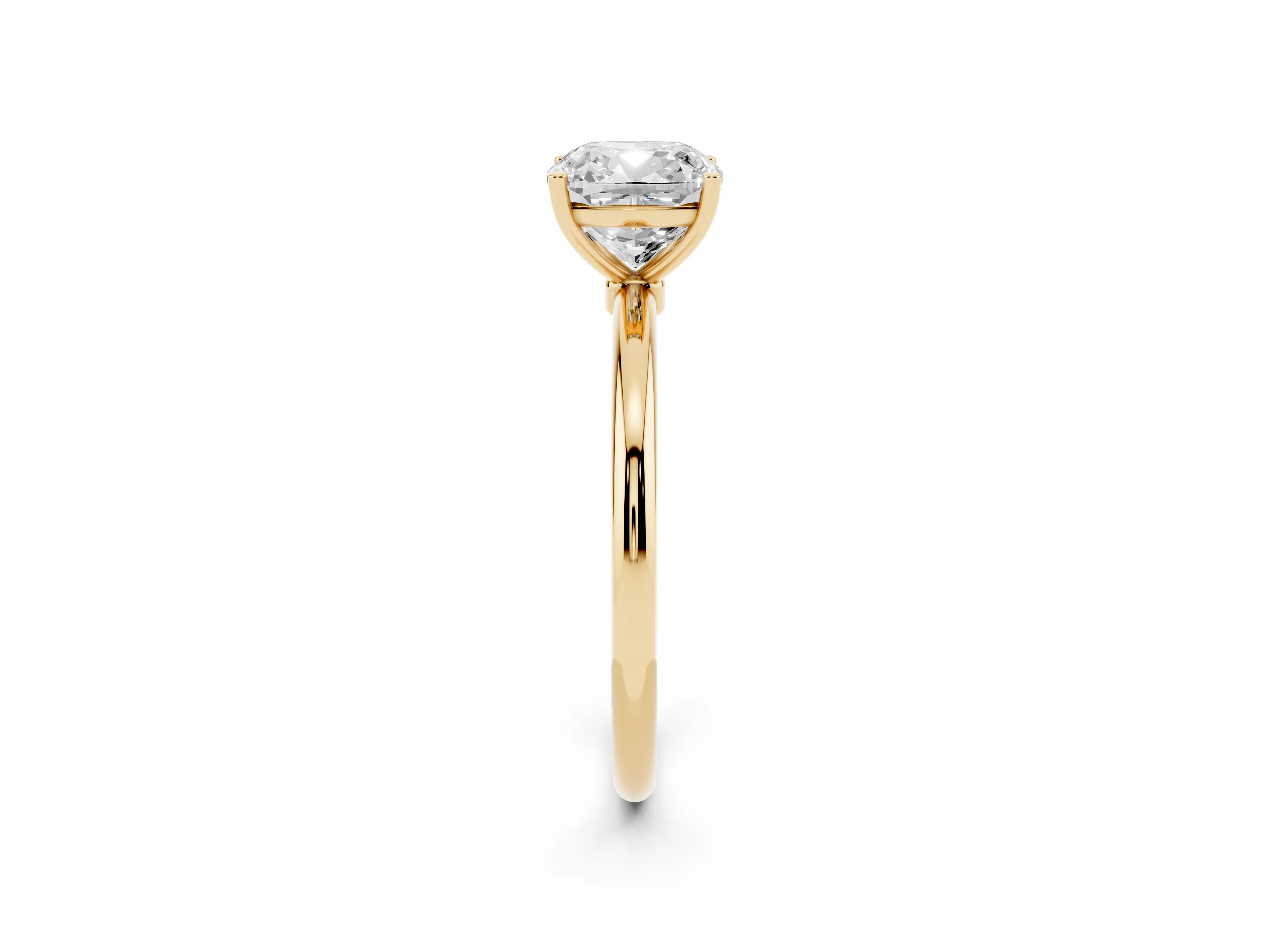 Cushion Cut Diamond Solitaire Engagement Ring Set in Yellow gold with Thin Band and Prong Setting