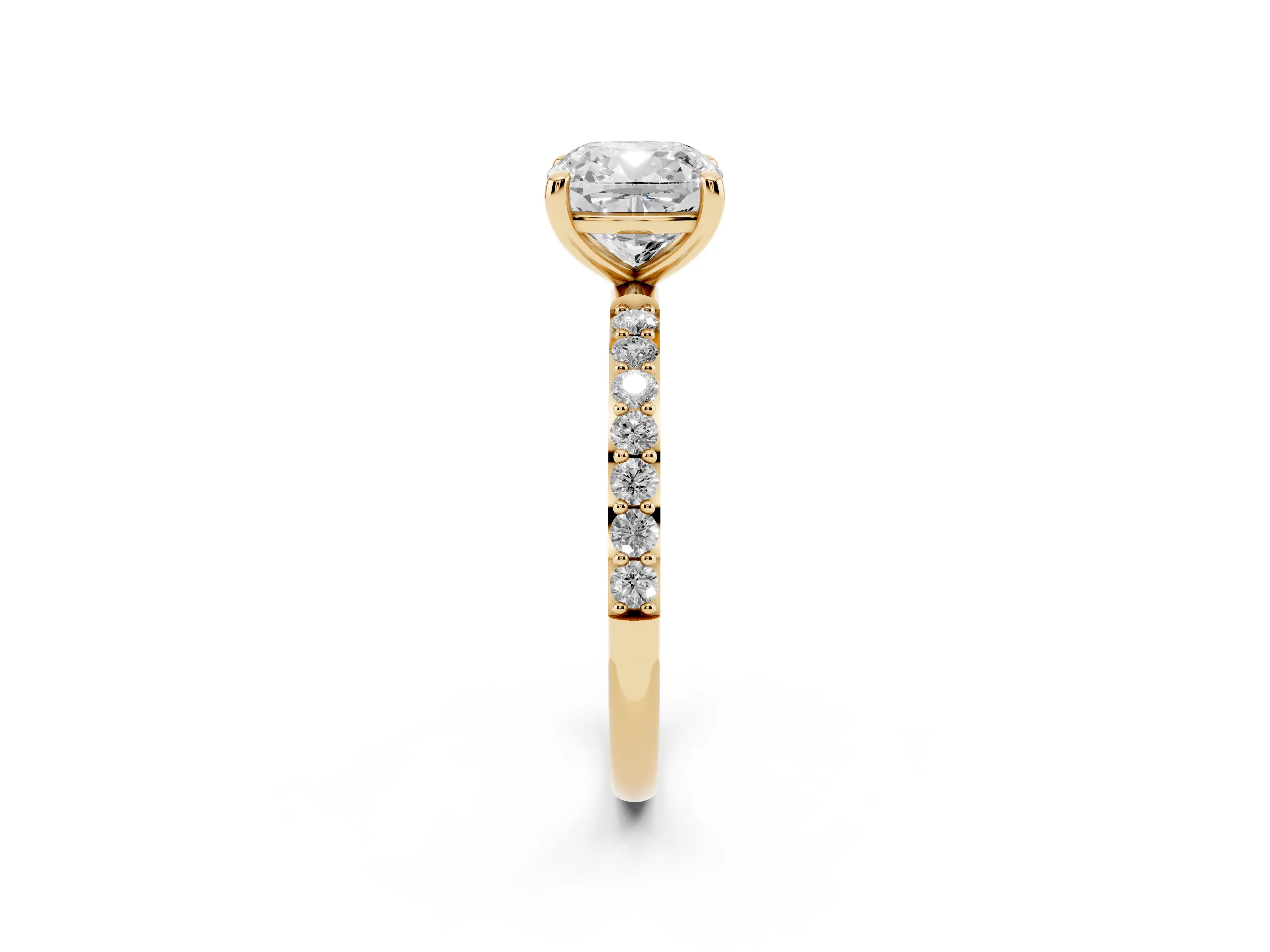 Cushion Cut Diamond Solitaire Ring Set in Yellow gold with Round Pavé Band and Prong Setting