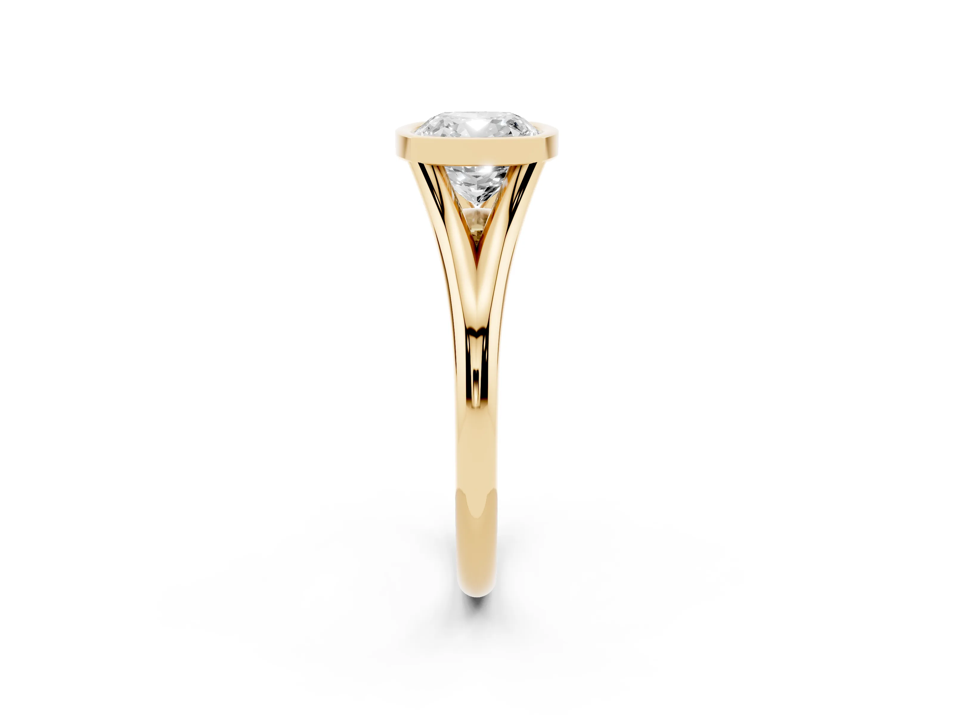 Bezel Set Cushion Cut Diamond Solitaire Ring Set in Yellow gold with Tapered Band