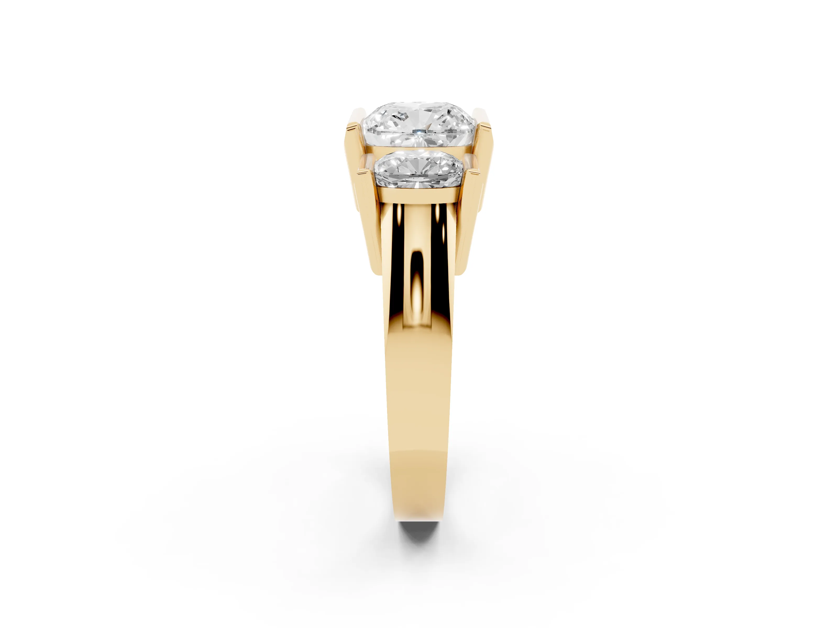 Cushion Cut Diamond Three-Stone Channel Set Ring Set in Yellow gold with Smooth Polished Band
