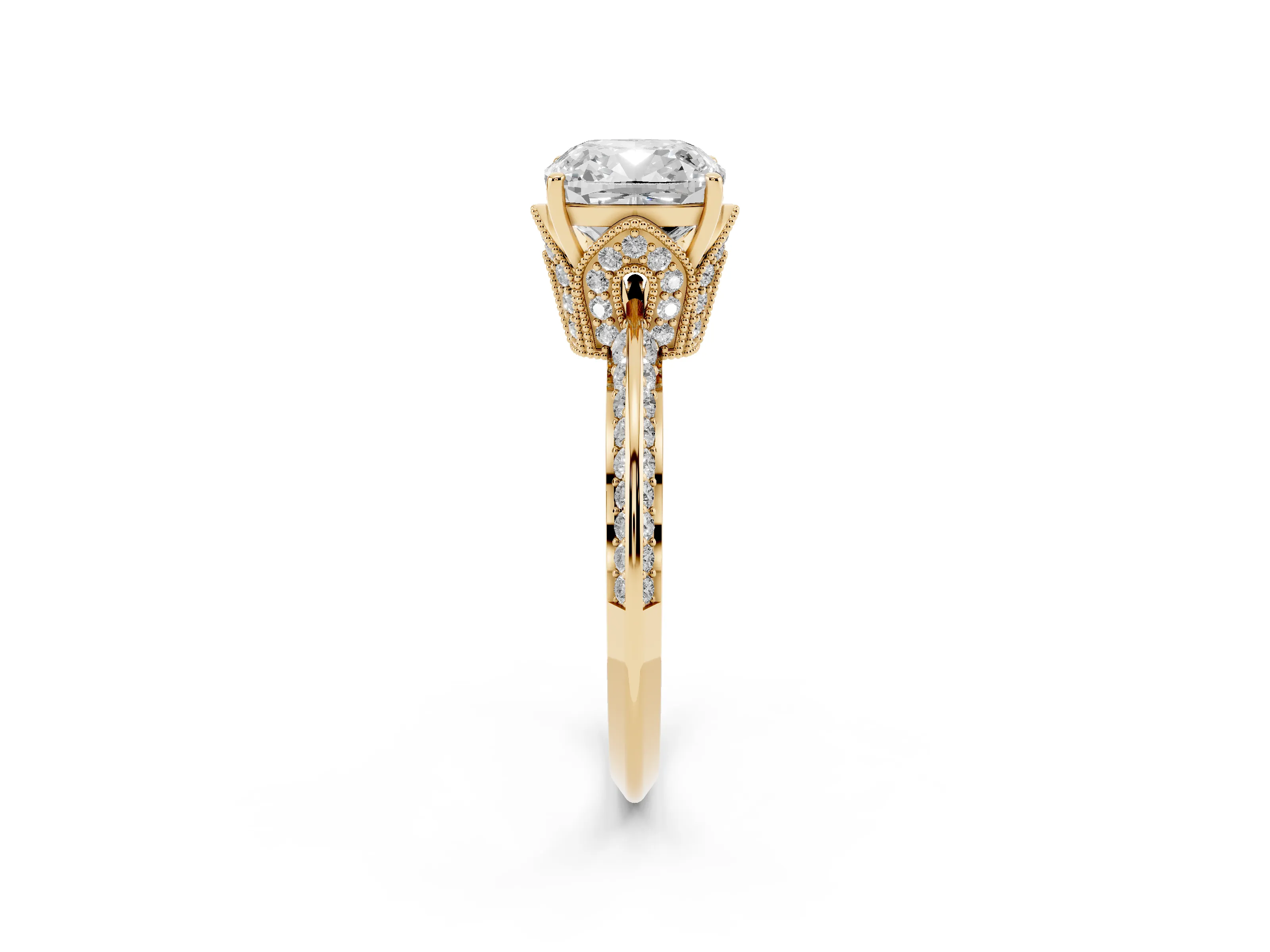 Cushion Cut Diamond Solitaire Engagement Ring Set in Yellow gold with Pavé Split Shank and Prong Setting