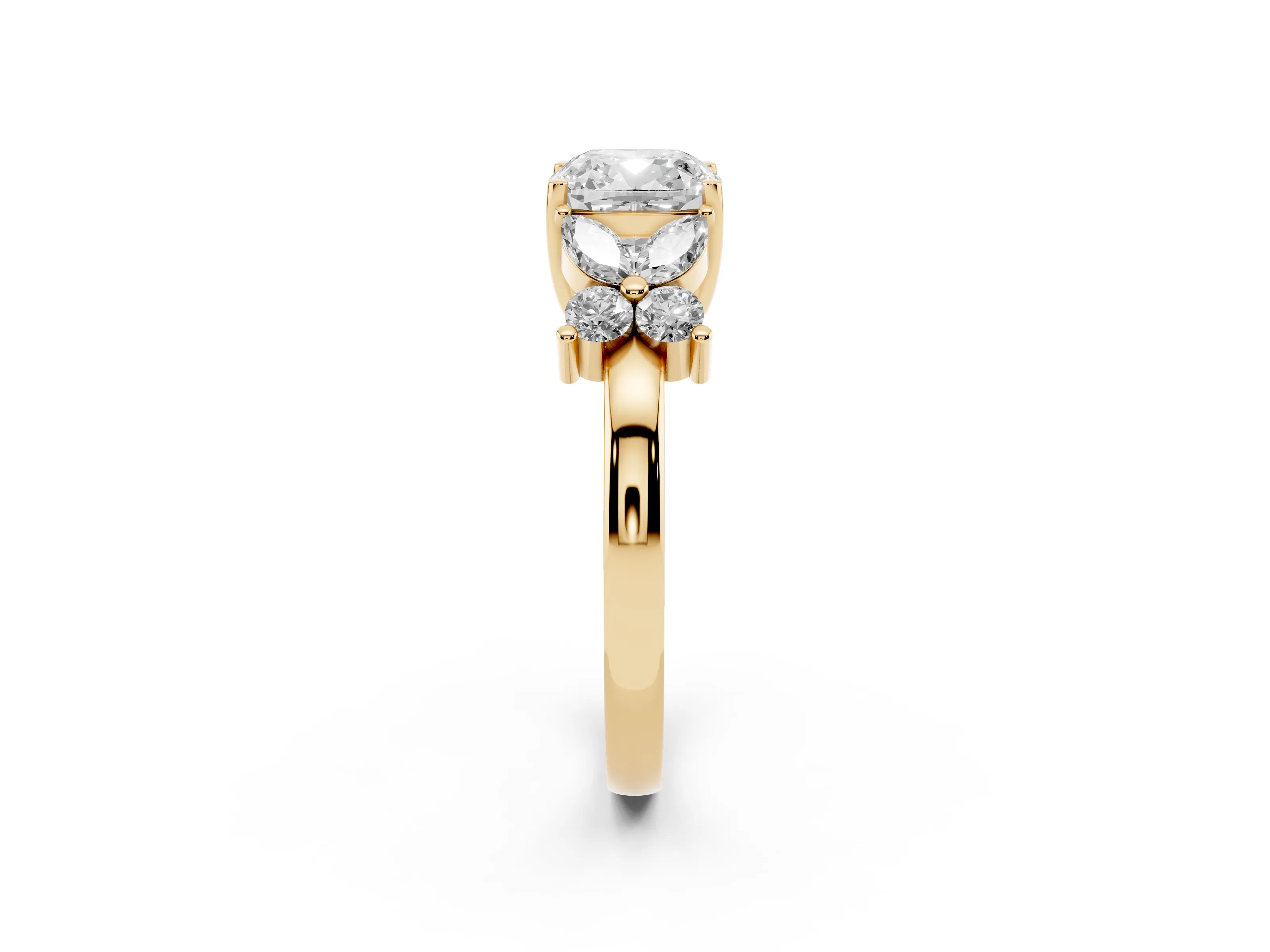 Cushion Cut Diamond Floral Cluster Ring Set in Yellow gold with Marquise Petals and Prong Setting