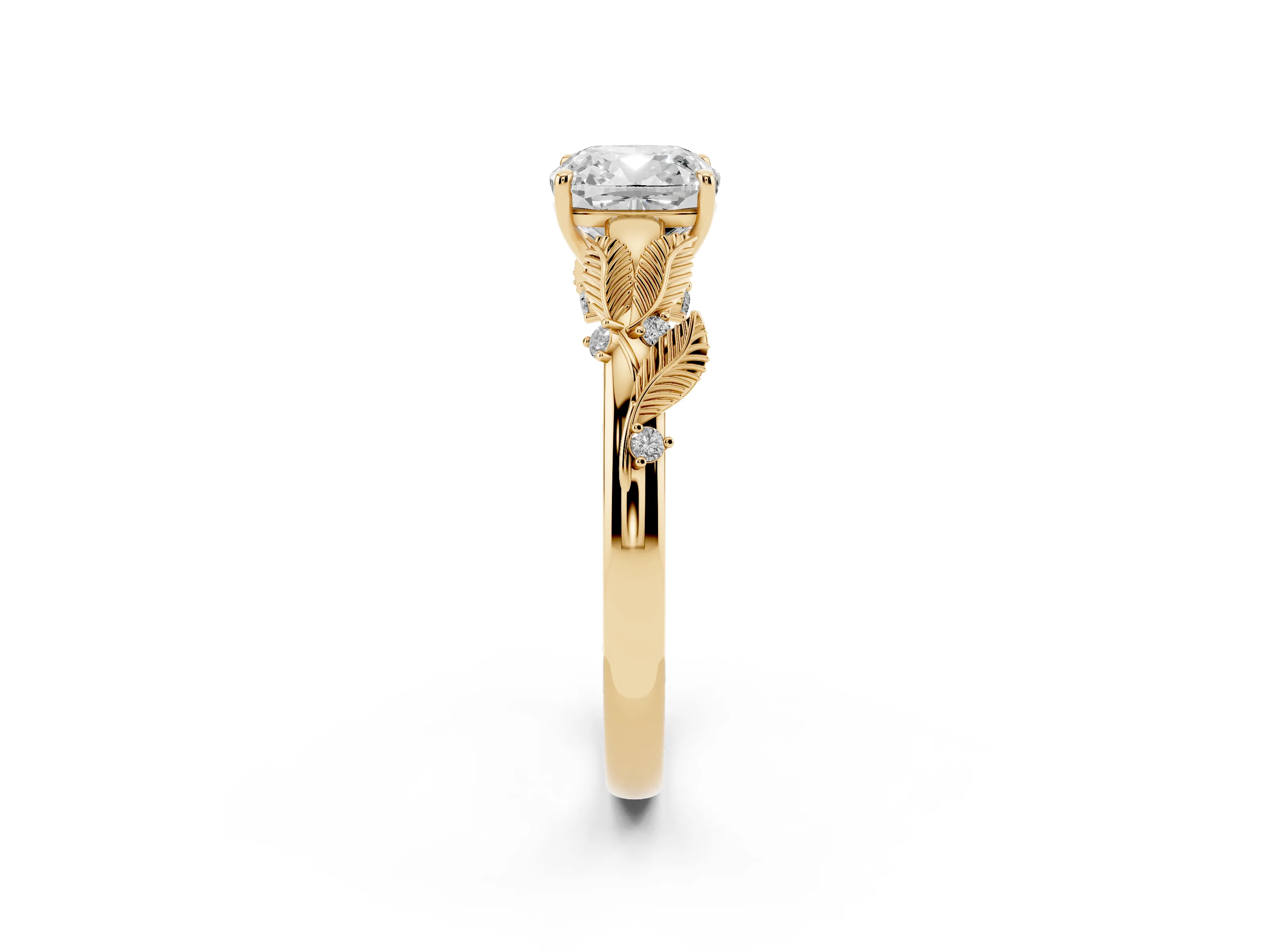 Cushion Cut Diamond Solitaire Ring Set in Yellow gold with Leaf Motif Band