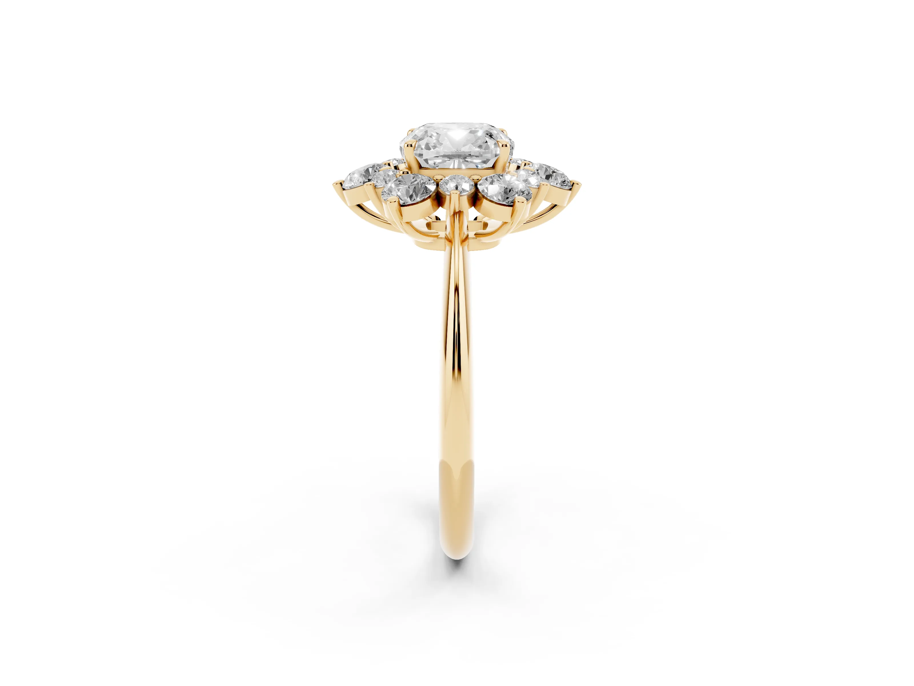 Cushion Cut Diamond Cluster Halo Ring Set in Yellow gold with Solitaire Band and Prong Setting