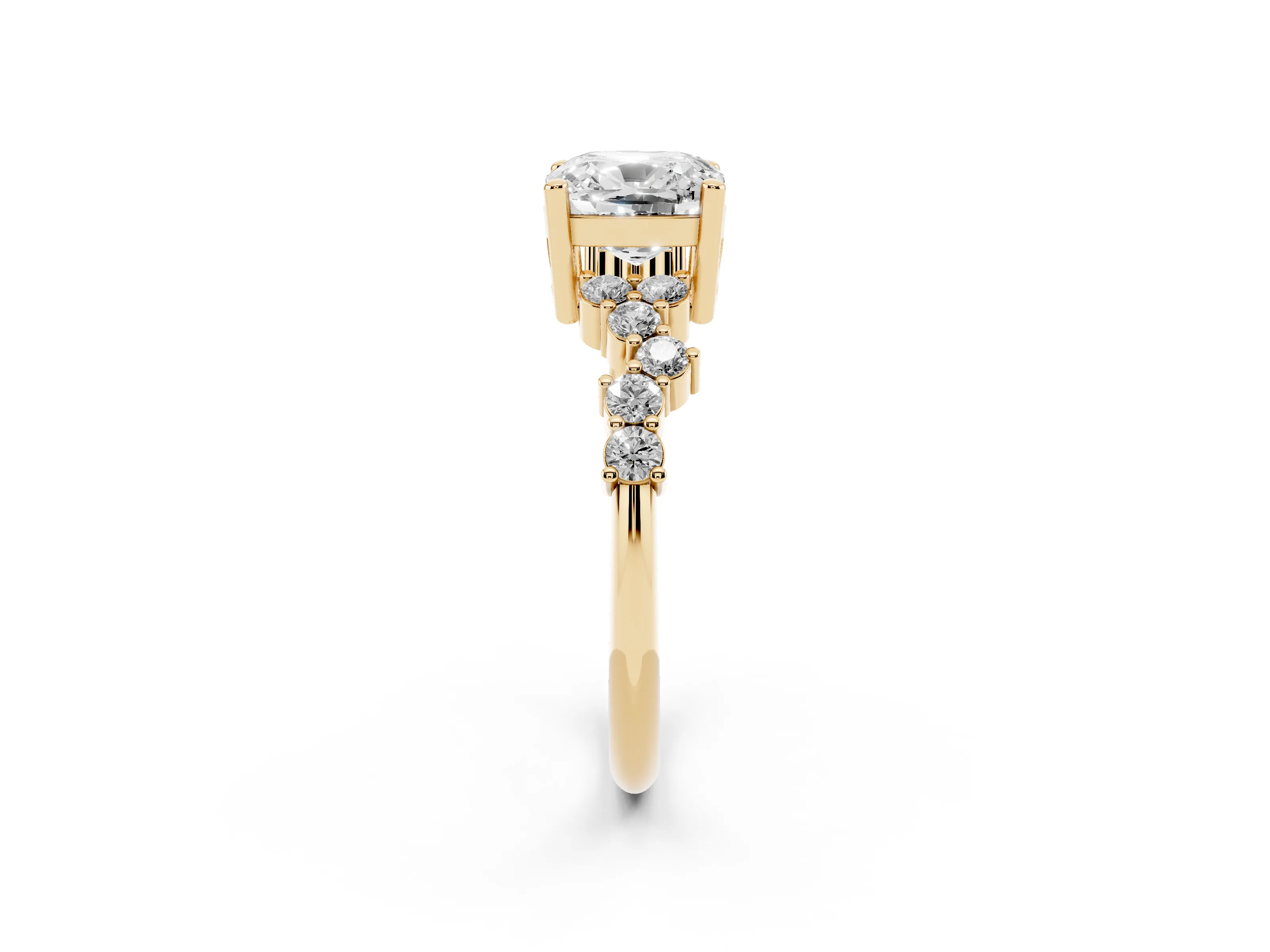 Cushion Cut Diamond Ring Set in Yellow gold with Scattered Round Accents