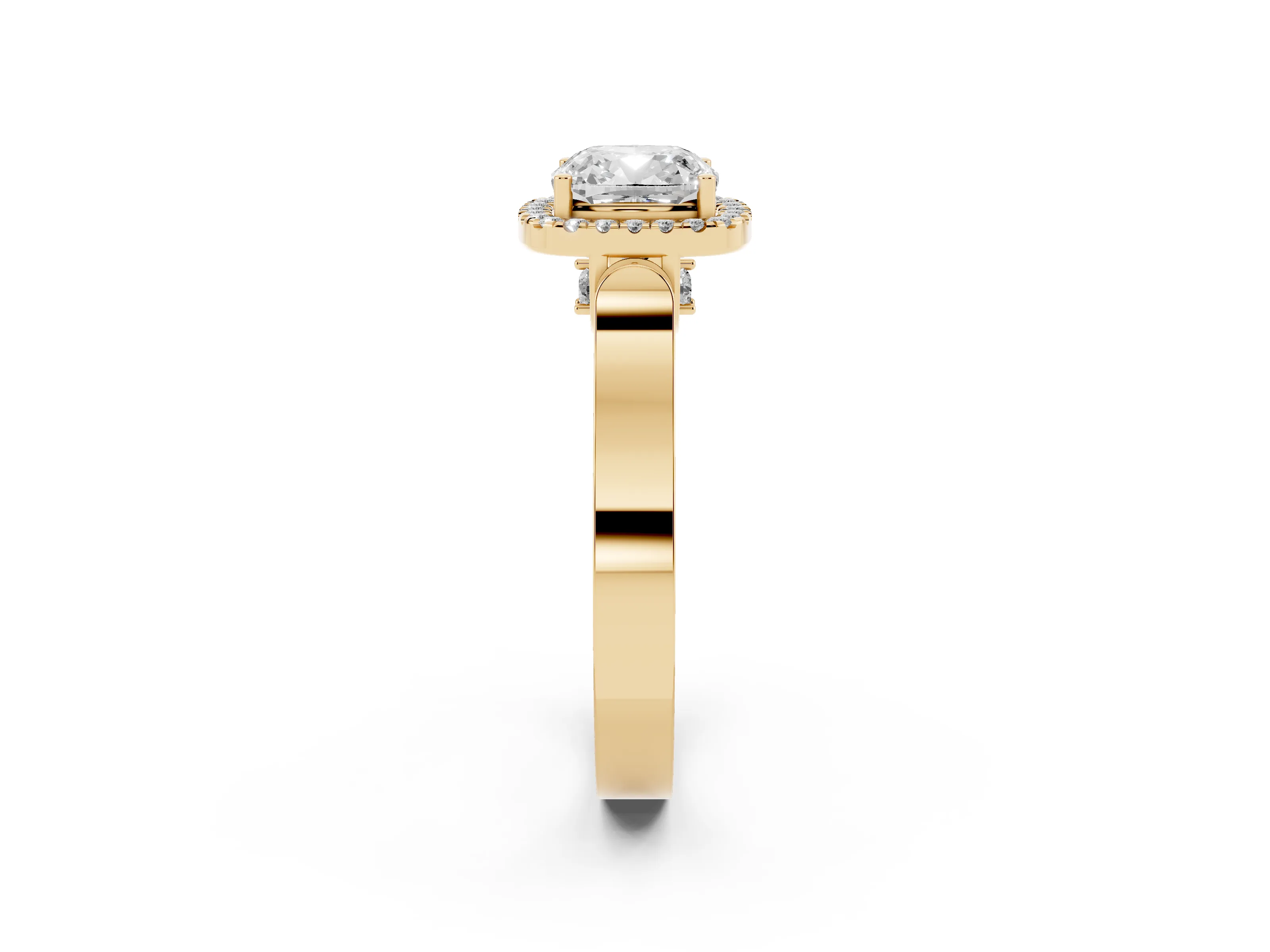 Cushion Cut Diamond Halo Ring Set in Yellow gold with Pavé-Lined Split Shank Band