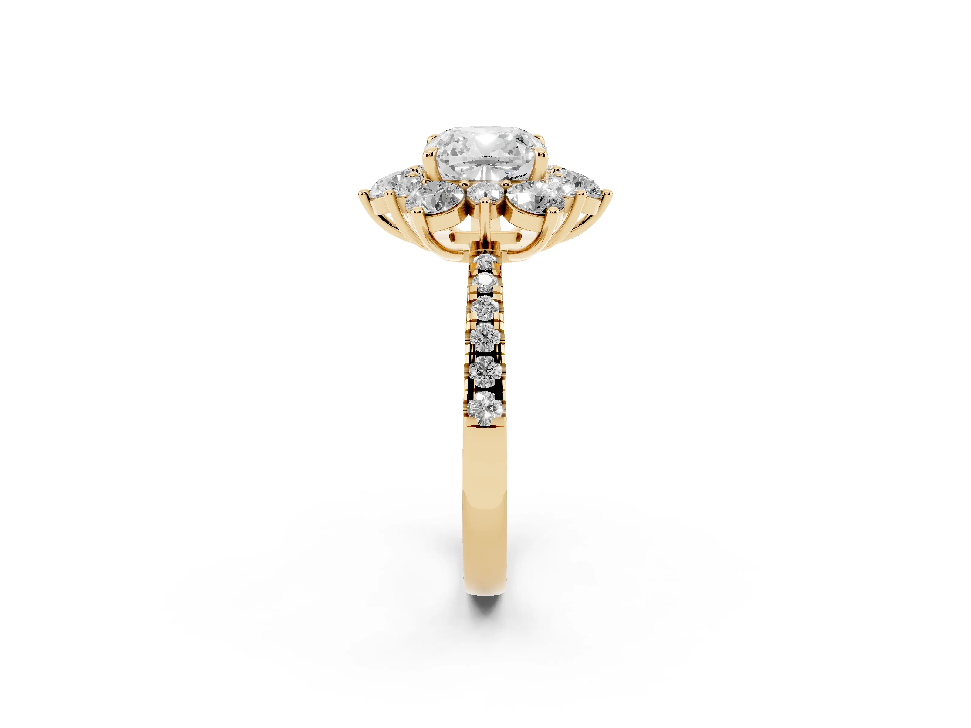 Cushion Cut Diamond Floral Halo Ring Set in Yellow gold with Round Pavé Band and Prong Setting