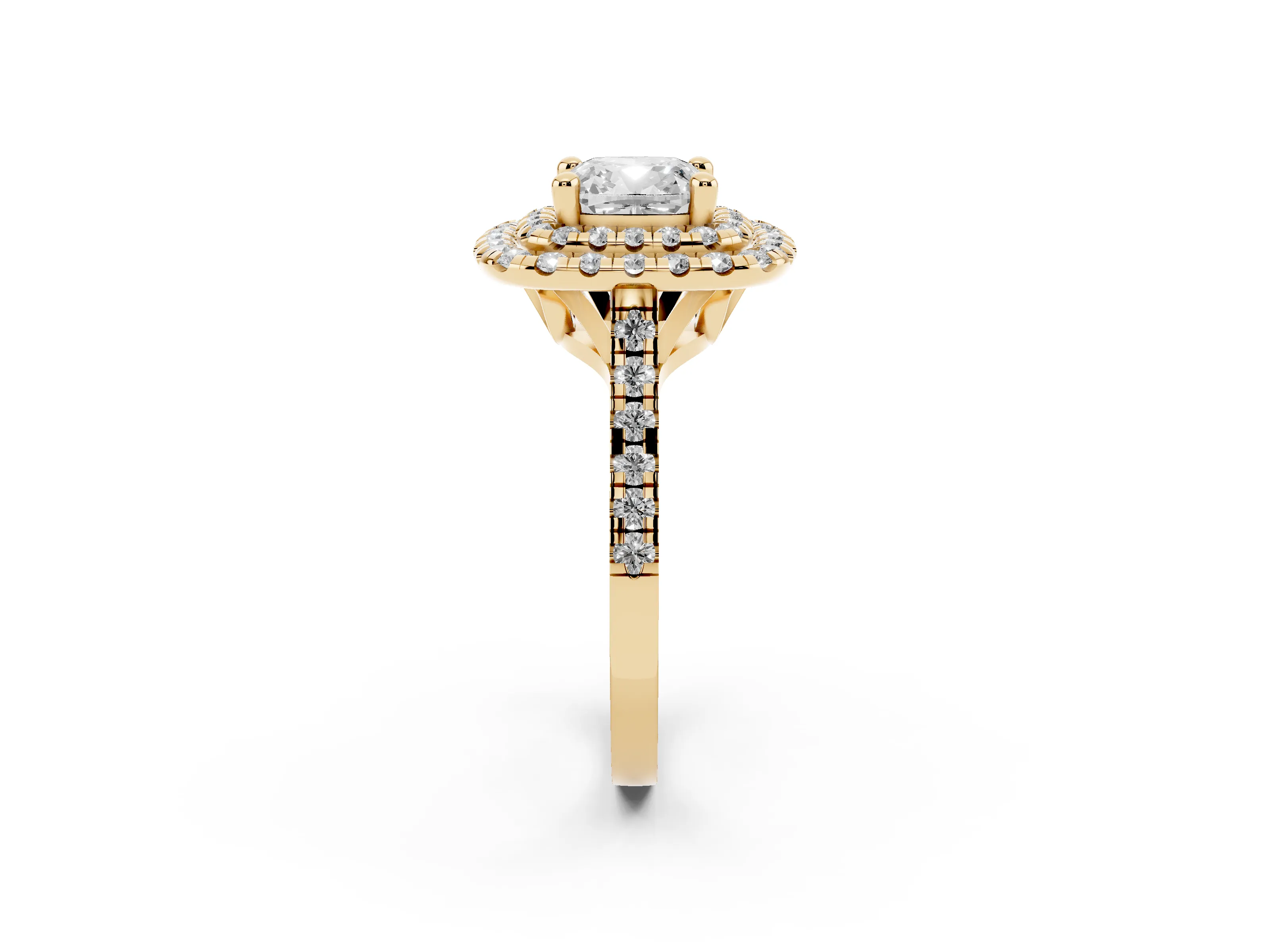 Cushion Cut Diamond Double Halo Statement Ring Set in Yellow gold with Pavé Band